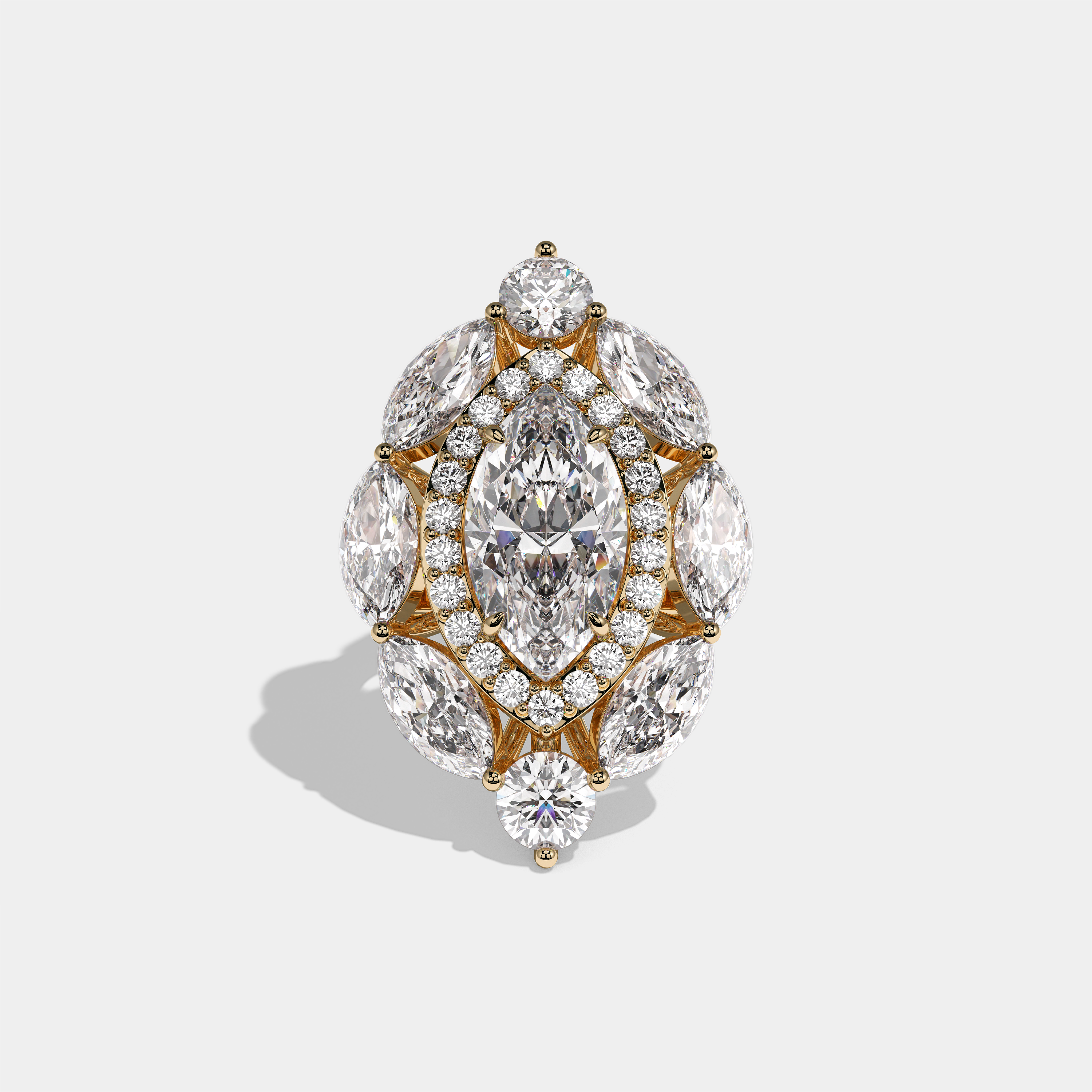 Louisa Sovereign marquise diamond engagement ring in 18K yellow gold by Kurbãni Durjini, front view