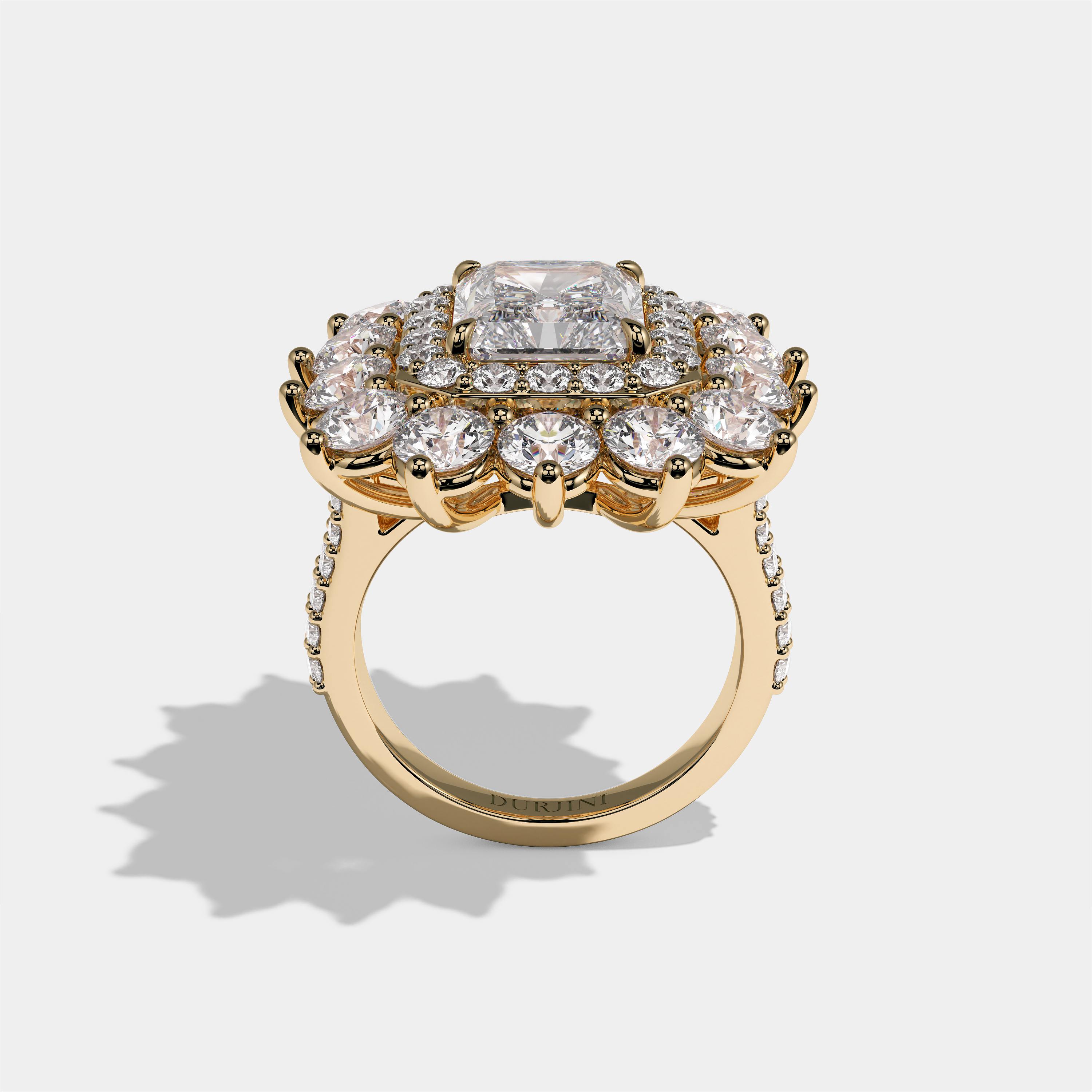 Matilda Empress radiant diamond engagement ring in 18K yellow gold by Kurbãni Durjini, full view