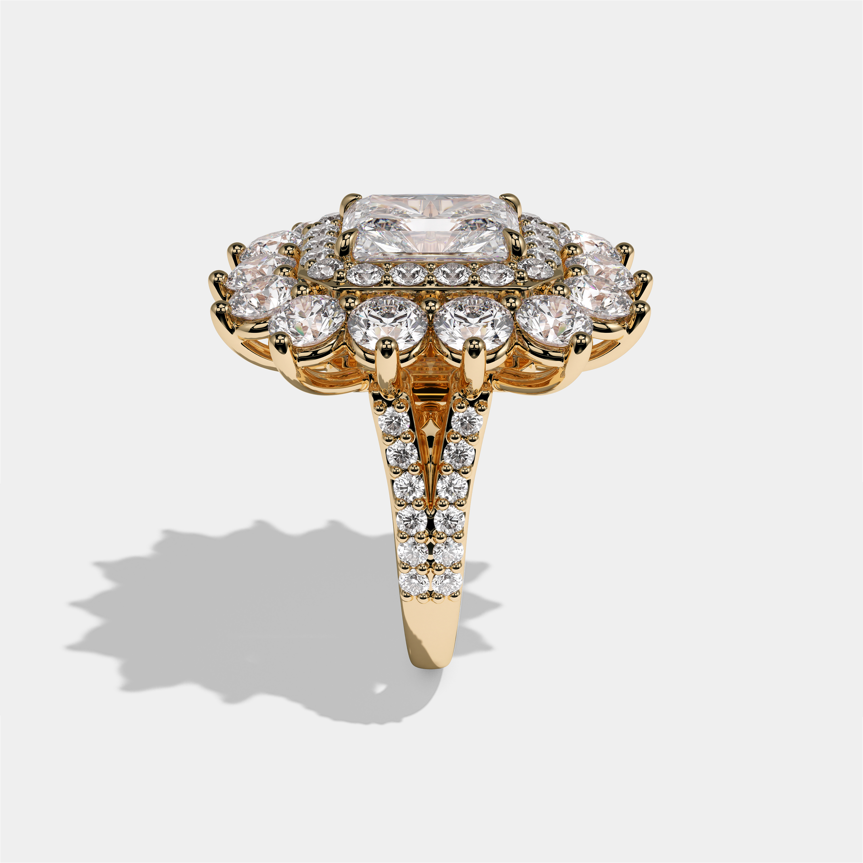 Matilda Empress radiant diamond engagement ring in 18K yellow gold by Kurbãni Durjini, side view