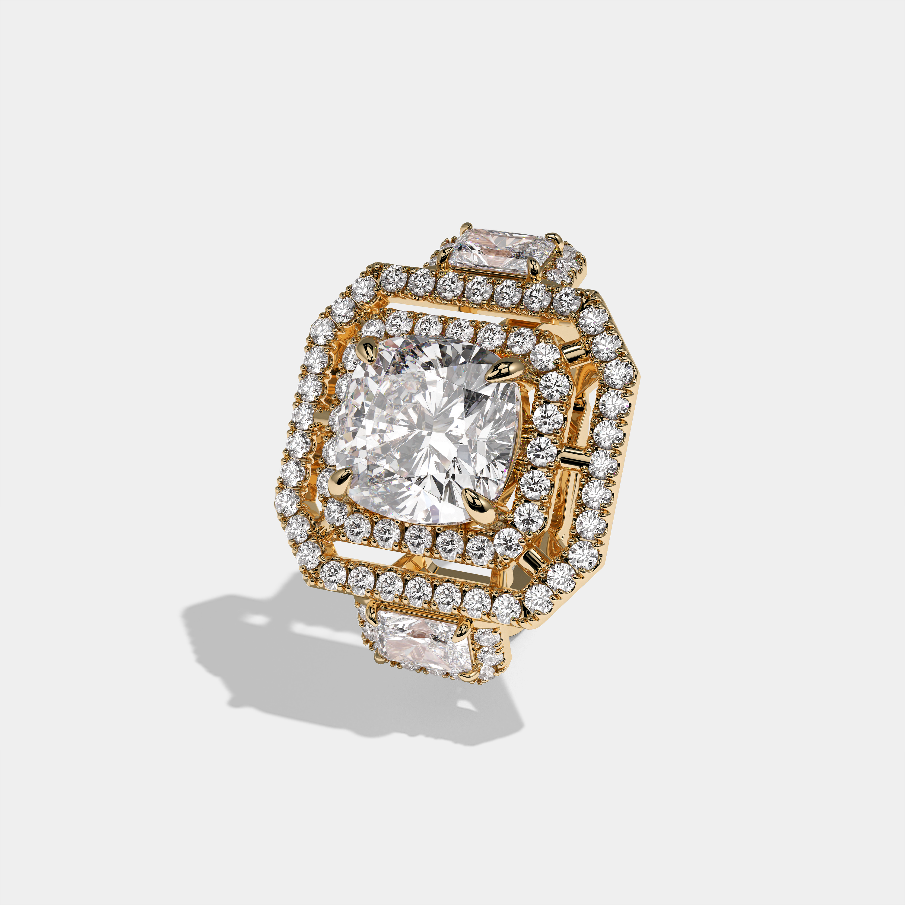 Winifred Marquise diamond cushion halo engagement ring in 18K yellow gold by Kurbãni Durjini, left view