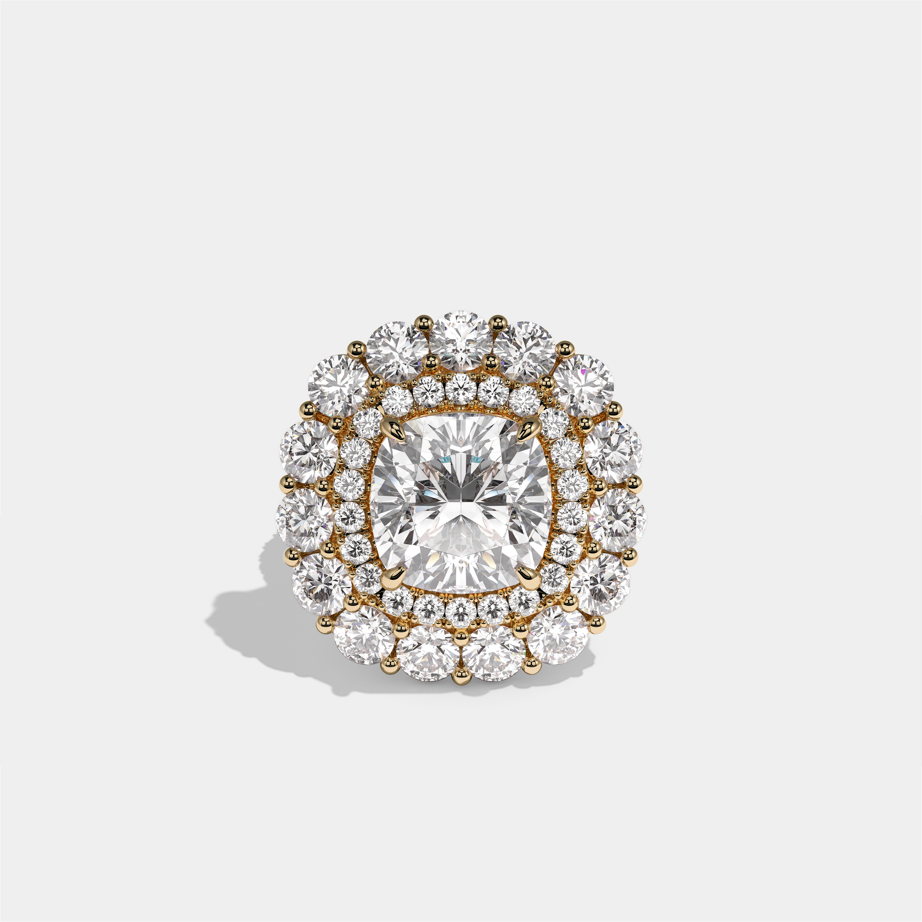 Pauline Marchioness diamond cushion halo engagement ring in 18K yellow gold by Kurbãni Durjini, front view