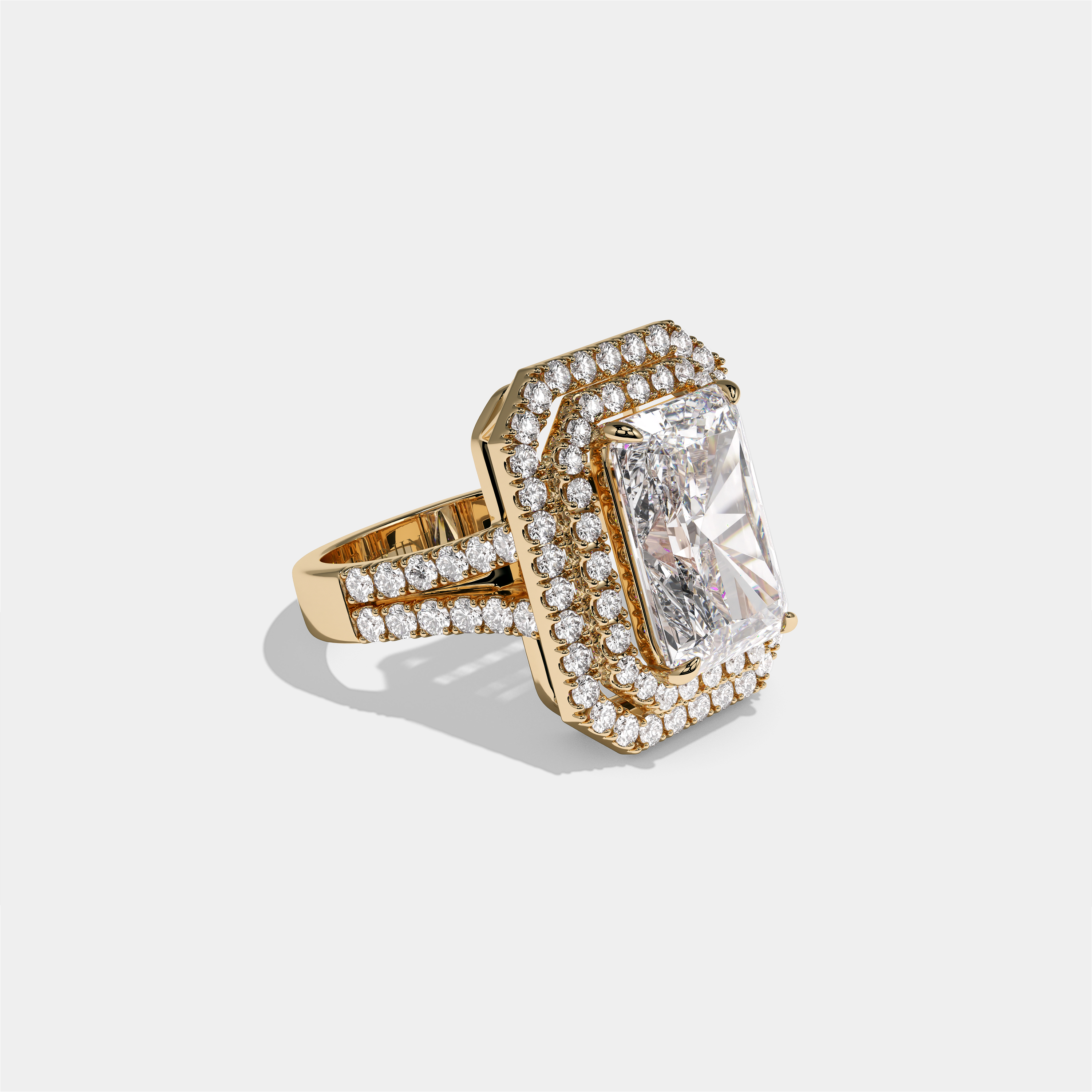 Cecilia Lady Eleanor diamond radiant halo engagement ring in 18K yellow gold by Kurbãni Durjini, right view