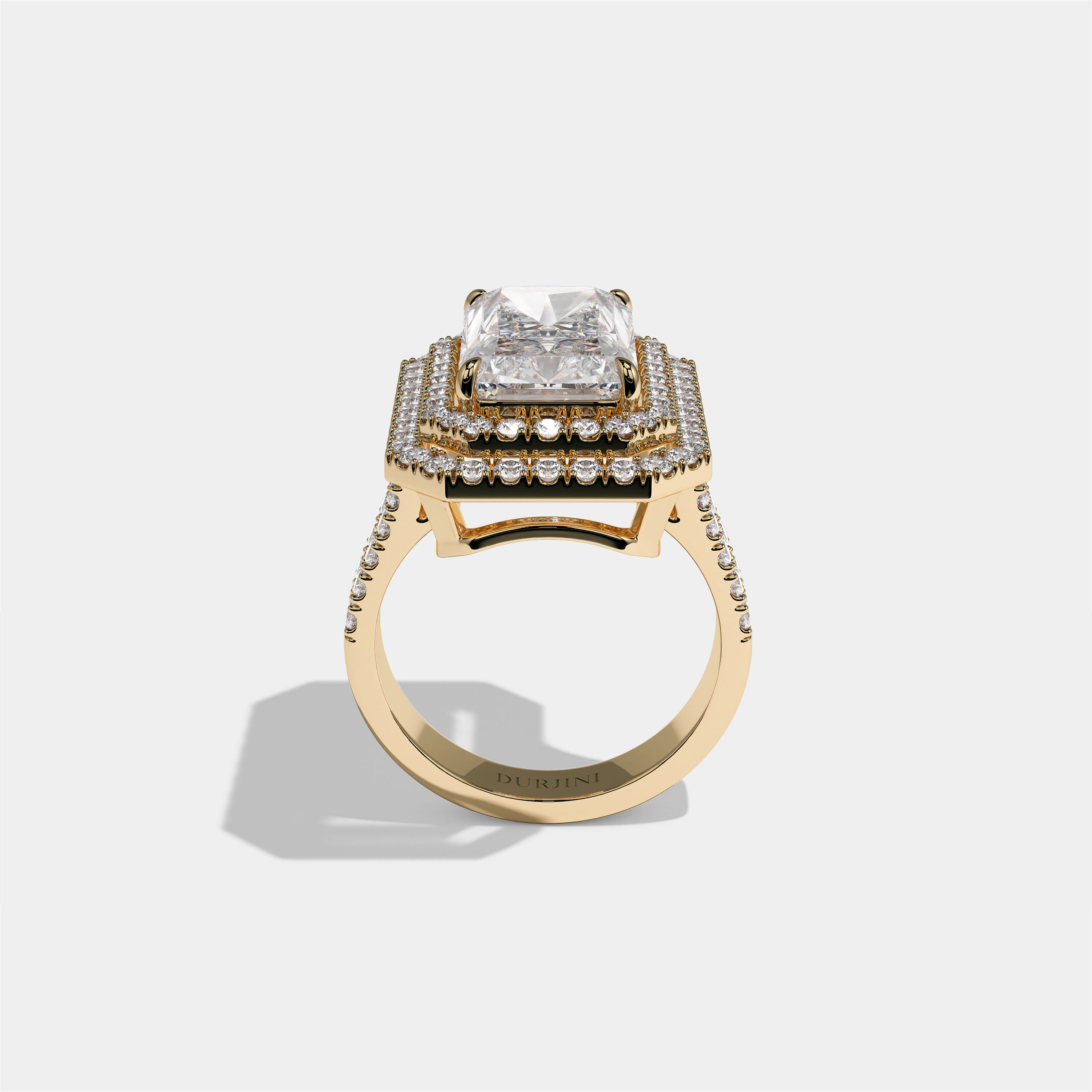 Cecilia Lady Eleanor diamond radiant halo engagement ring in 18K yellow gold by Kurbãni Durjini, full view