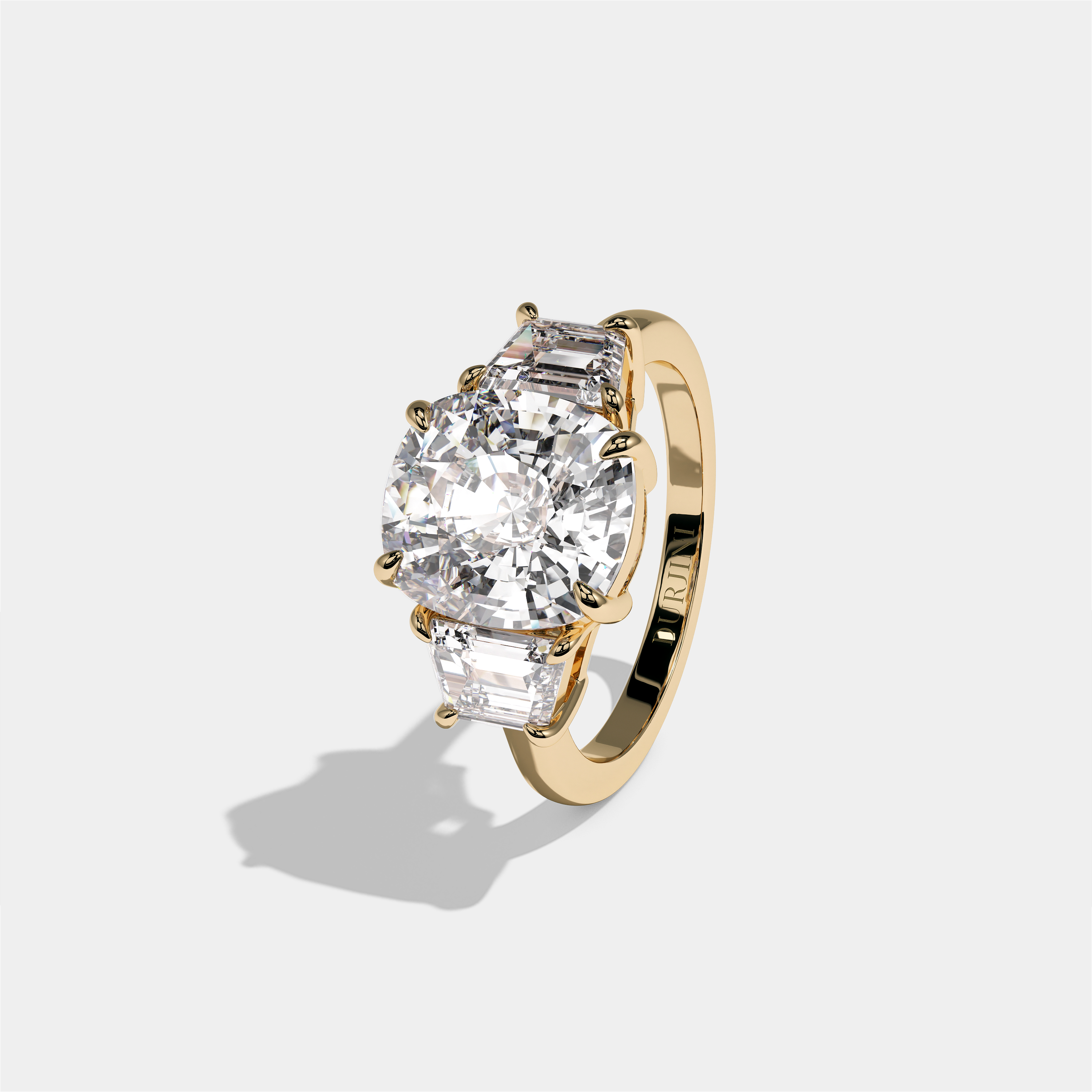 Matilda Lady Seraphine diamond cushion engagement ring in 18K yellow gold by Kurbãni Durjini, left view