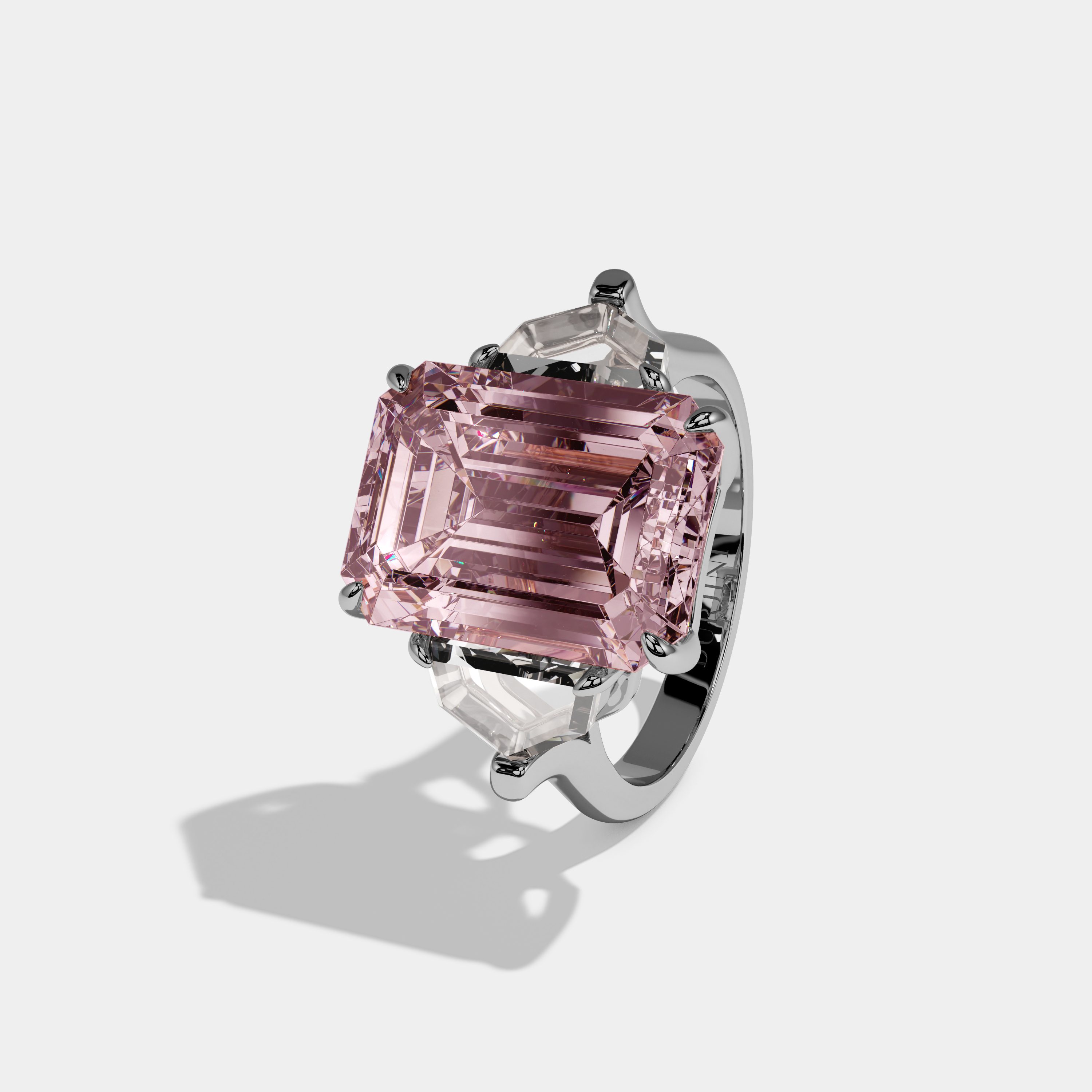 Alexandra Fancy Pink Emerald Cut Diamond Plain Band Engagement Ring With Pentagon Sides 9ct 18K White Gold