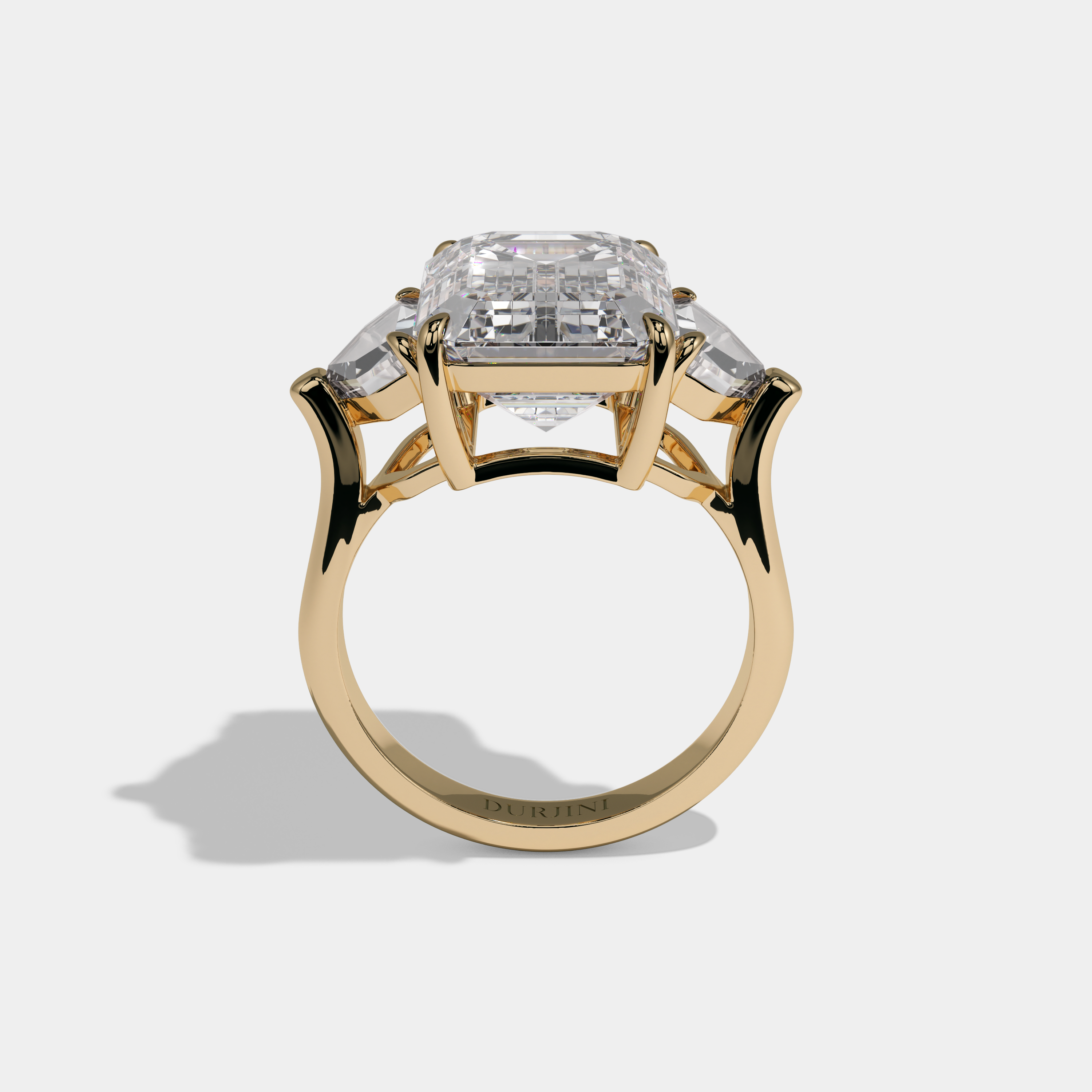 Alexandra Emerald Cut Diamond With Pentagonal Side Diamond Plain Band Engagement Ring 10ct 18K Yellow Gold