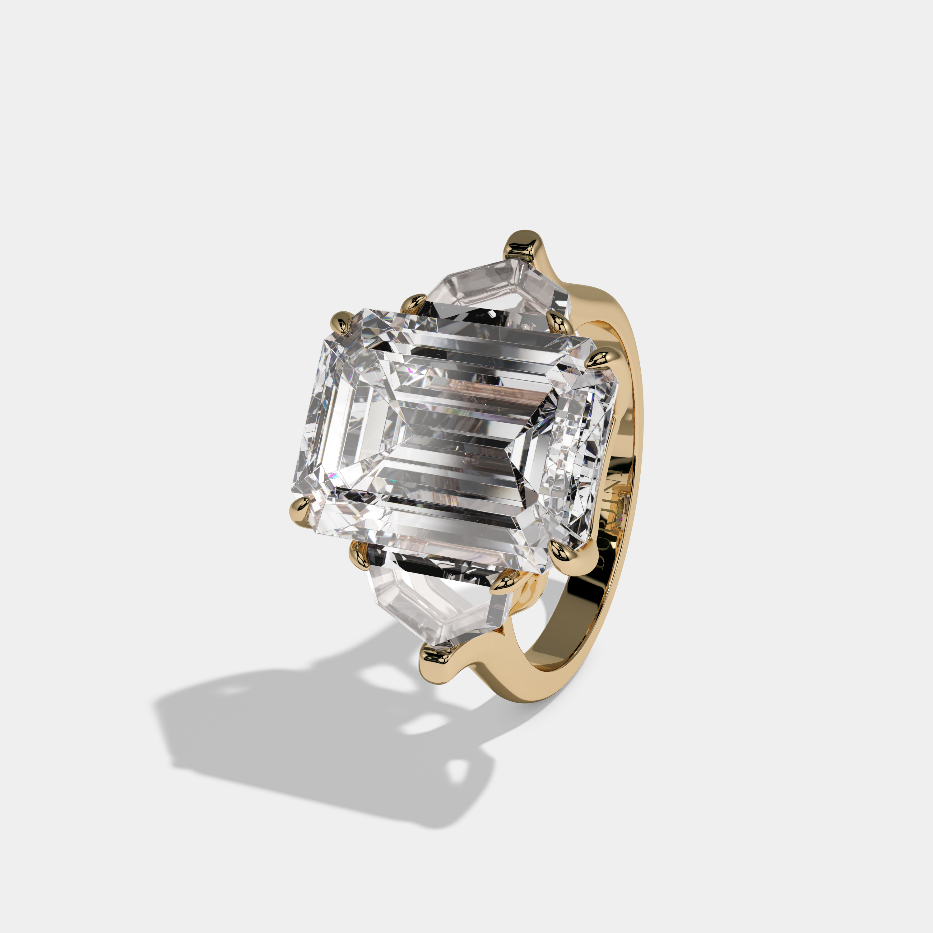 Alexandra Emerald Cut Diamond With Pentagonal Side Diamond Plain Band Engagement Ring 10ct 18K Yellow Gold