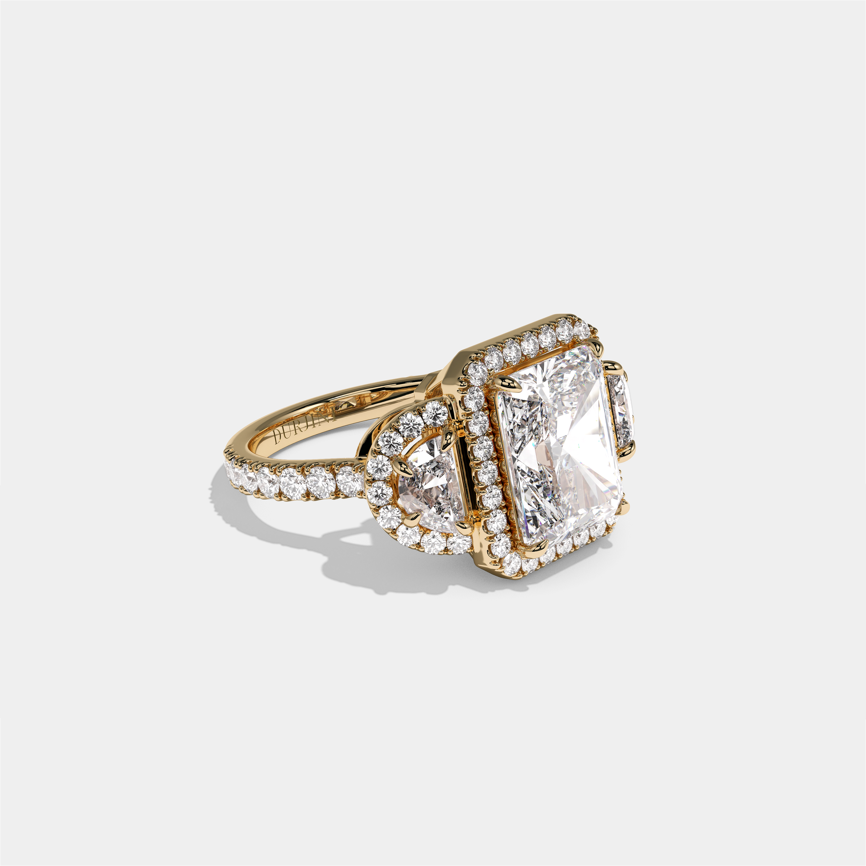 Aveline Lady Godiva diamond radiant halo engagement ring in 18K yellow gold by Kurbãni Durjini, right view