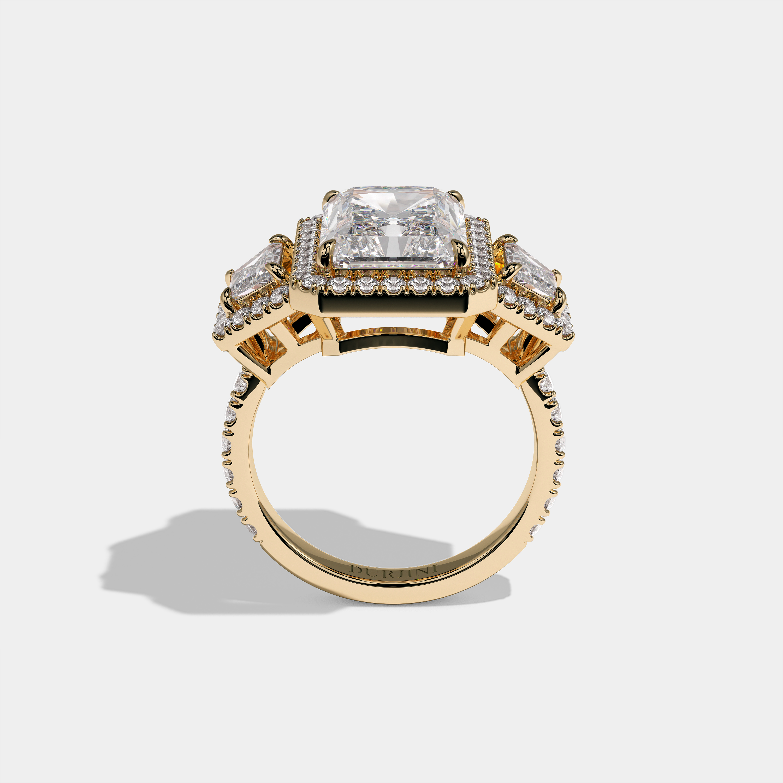 Bryony Lady Everild diamond radiant halo engagement ring in 18K yellow gold by Kurbãni Durjini, full view