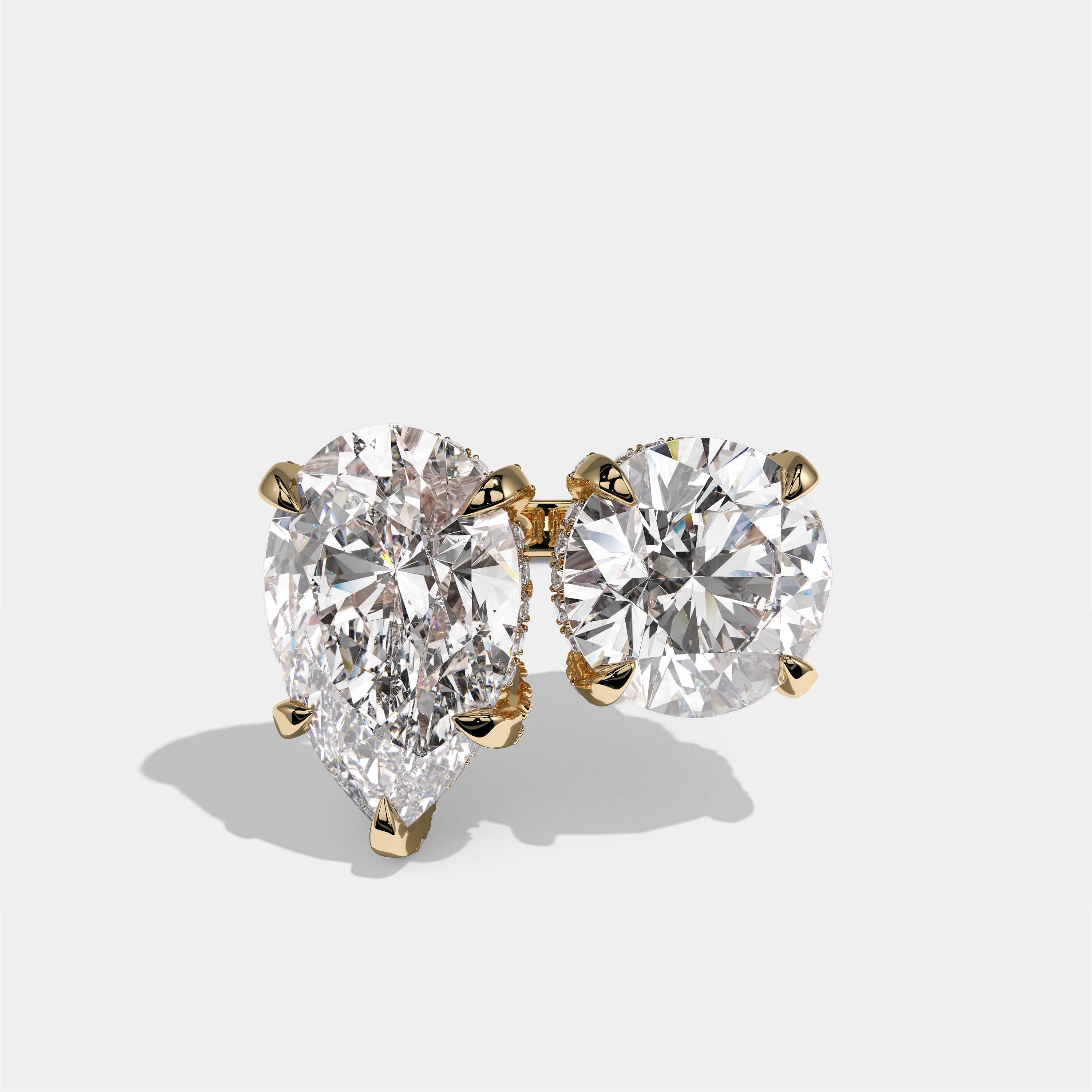 Batya Lady of Grace diamond pear toi moi halo engagement ring in 18K yellow gold by Kurbãni Durjini, front view