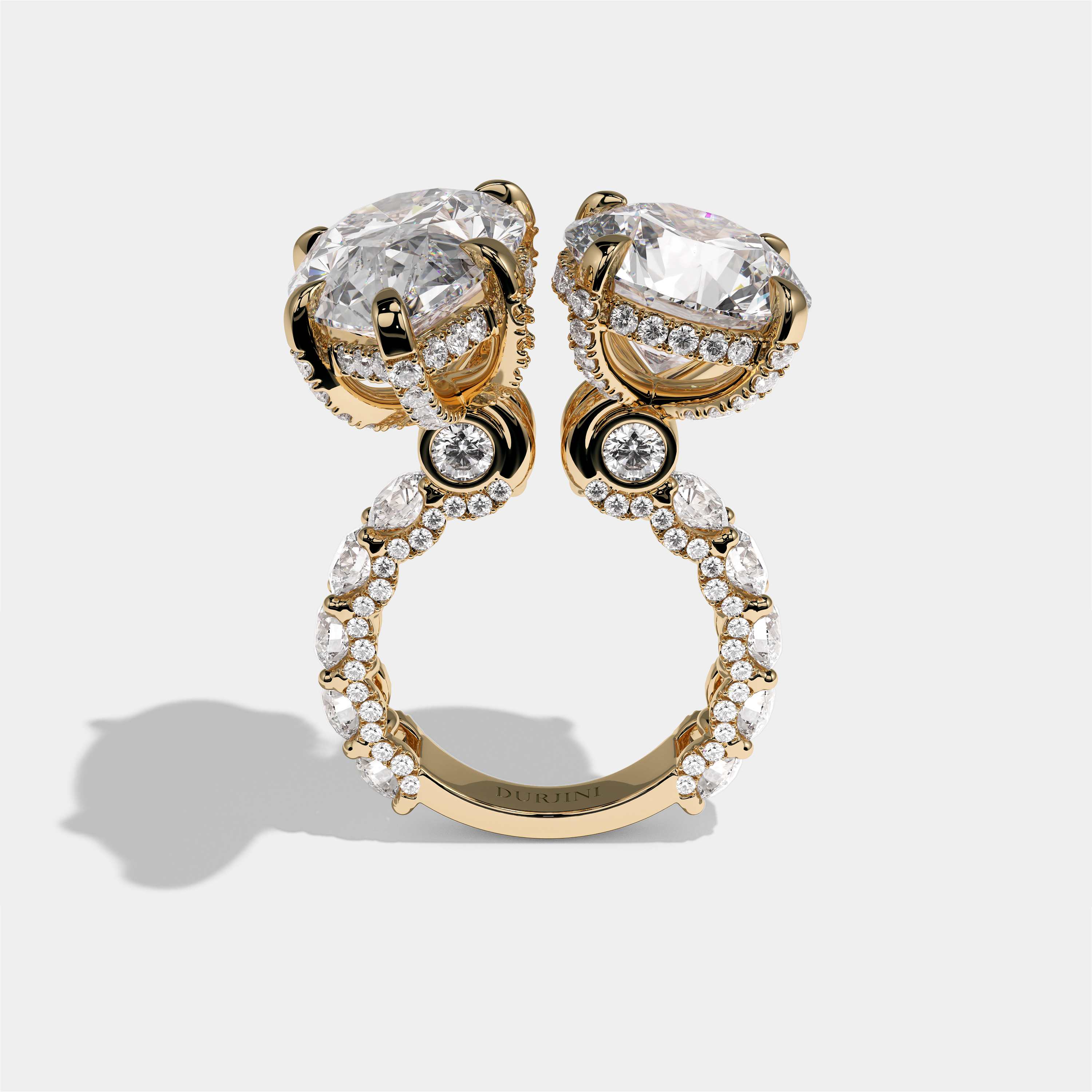 Batya Lady of Grace diamond pear toi moi halo engagement ring in 18K yellow gold by Kurbãni Durjini, full view