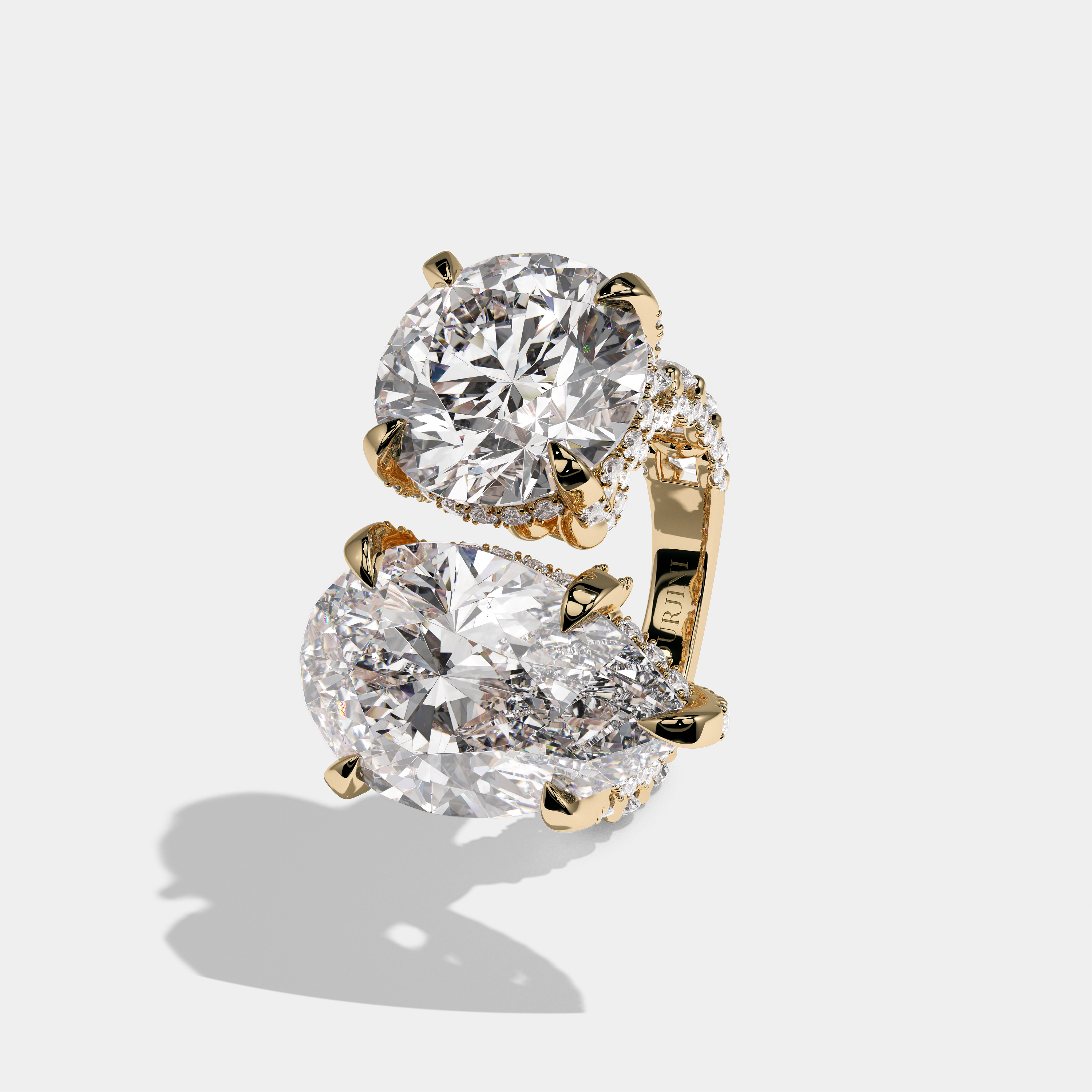 Batya Lady of Grace diamond pear toi moi halo engagement ring in 18K yellow gold by Kurbãni Durjini, left view