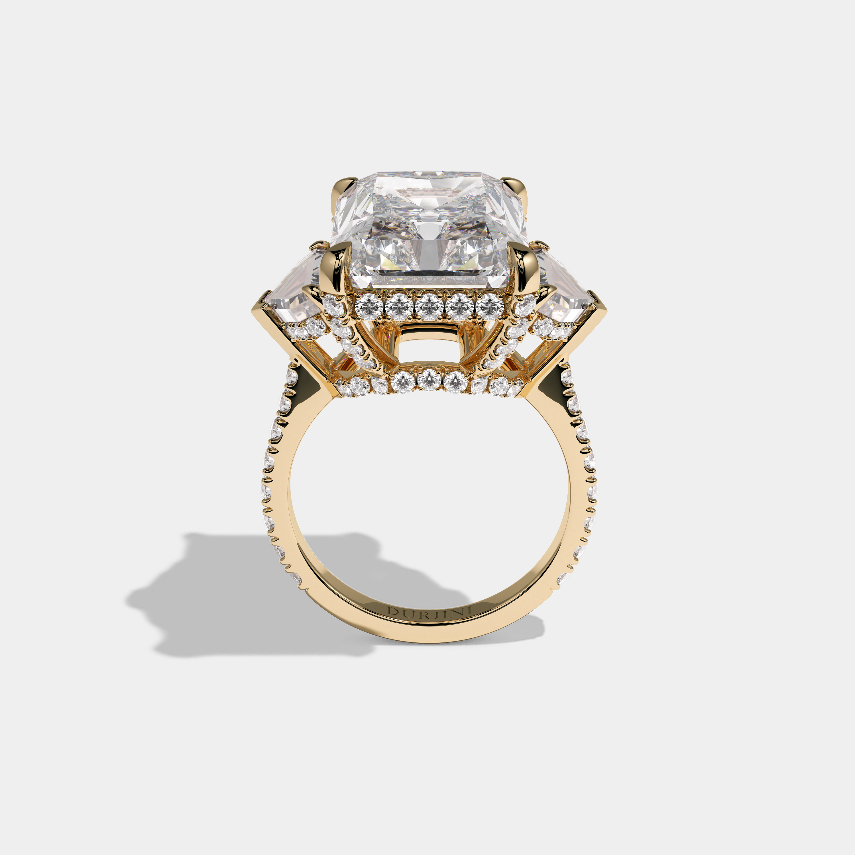Dinah Lady Fairbourne diamond radiant halo engagement ring in 18K yellow gold by Kurbãni Durjini, full view