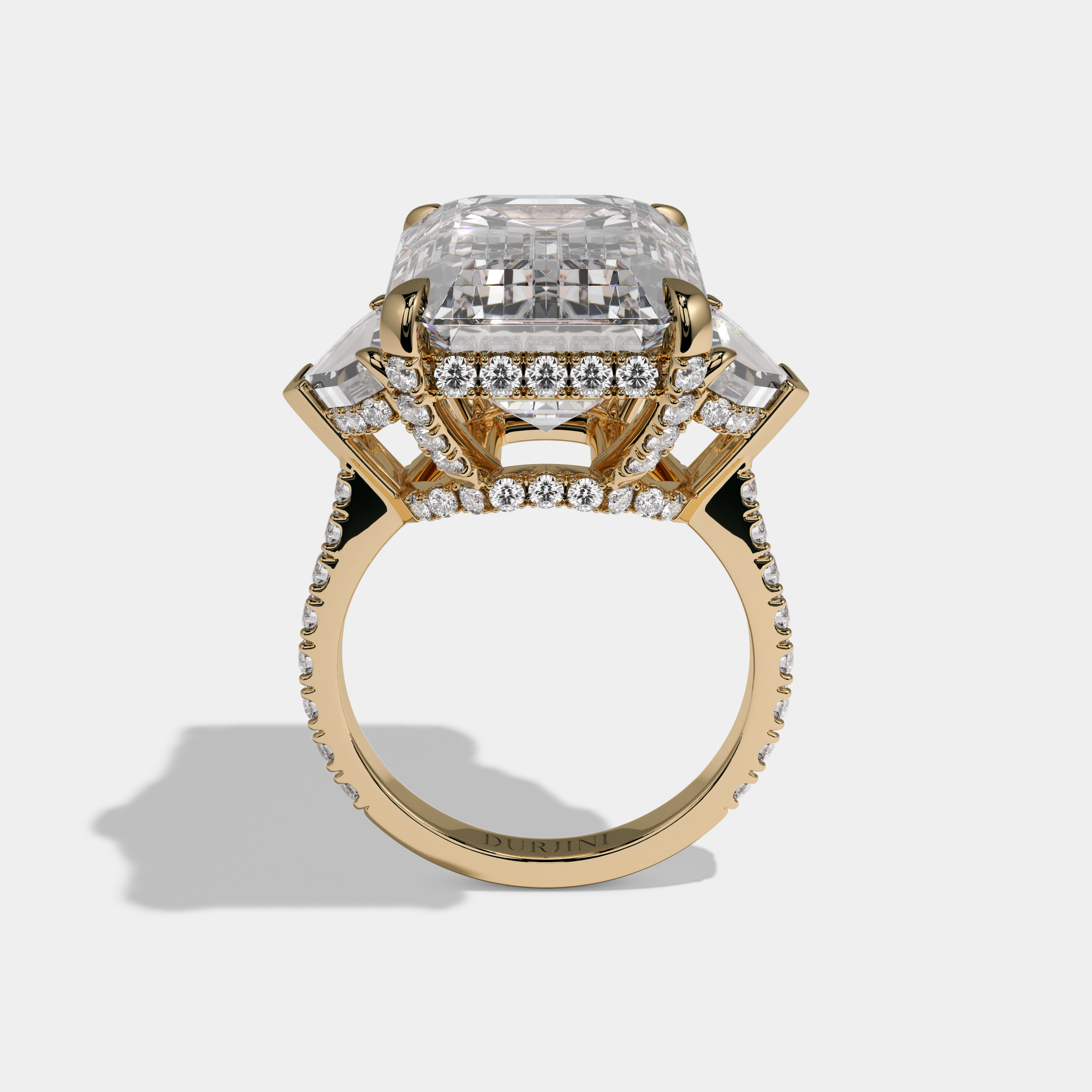 Eleanor Emerald Cut Diamond Halo Band With Twin Pentagon Sides Engagement Ring 10ct 18K Yellow Gold