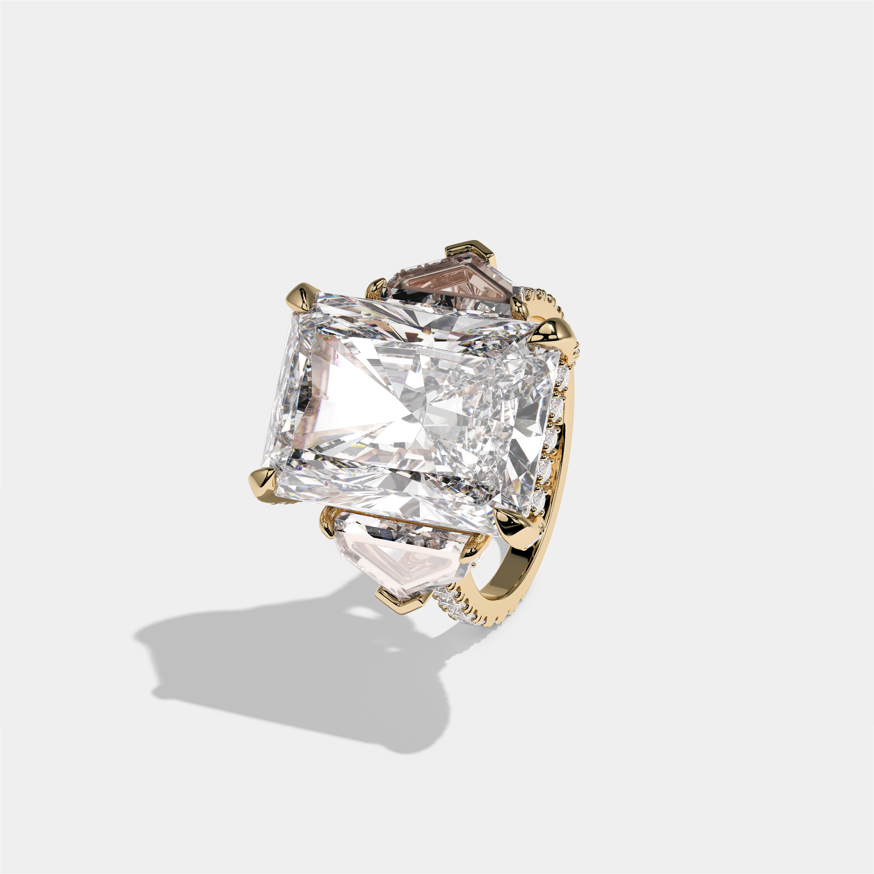 Dinah Lady Fairbourne diamond radiant halo engagement ring in 18K yellow gold by Kurbãni Durjini, left view