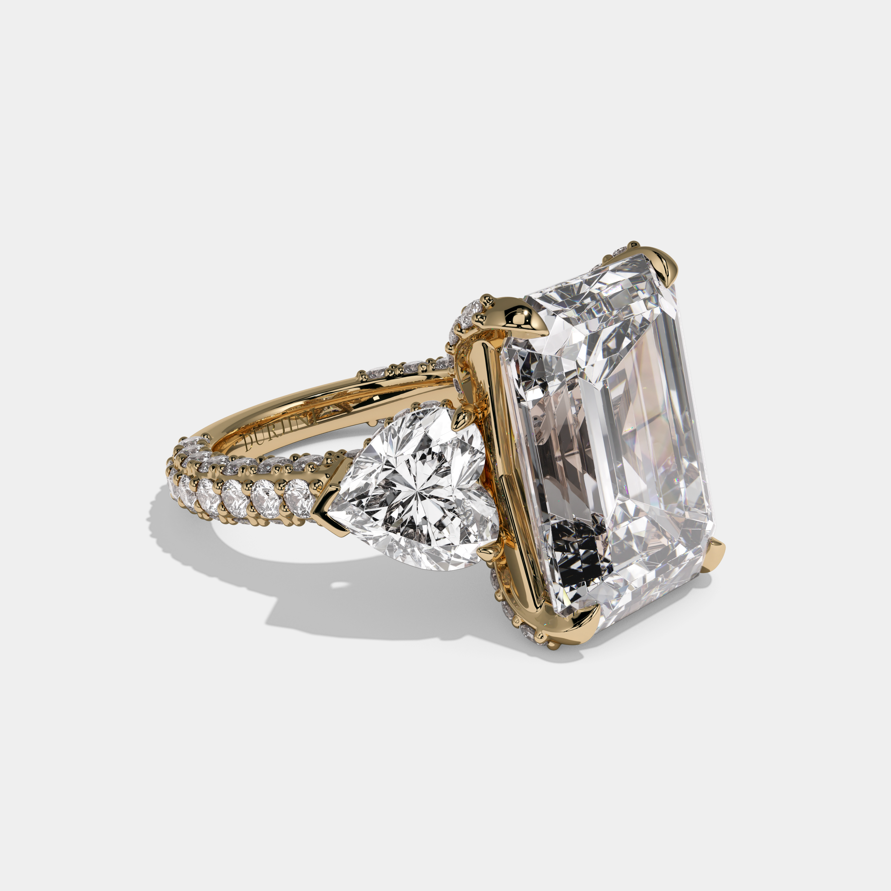 Matilda Emerald Cut Diamond Halo Engagement Ring With Twin Heart Sides 10ct 18K Yellow Gold