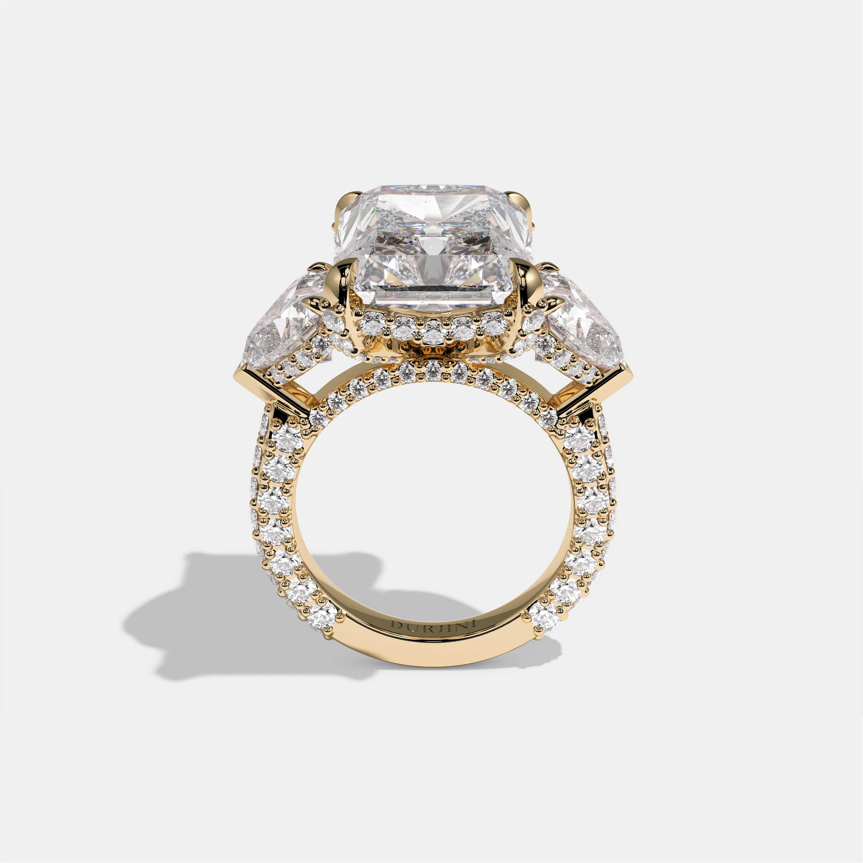 Chaya Lady Ravenscroft diamond radiant halo engagement ring in 18K yellow gold by Kurbãni Durjini, full view