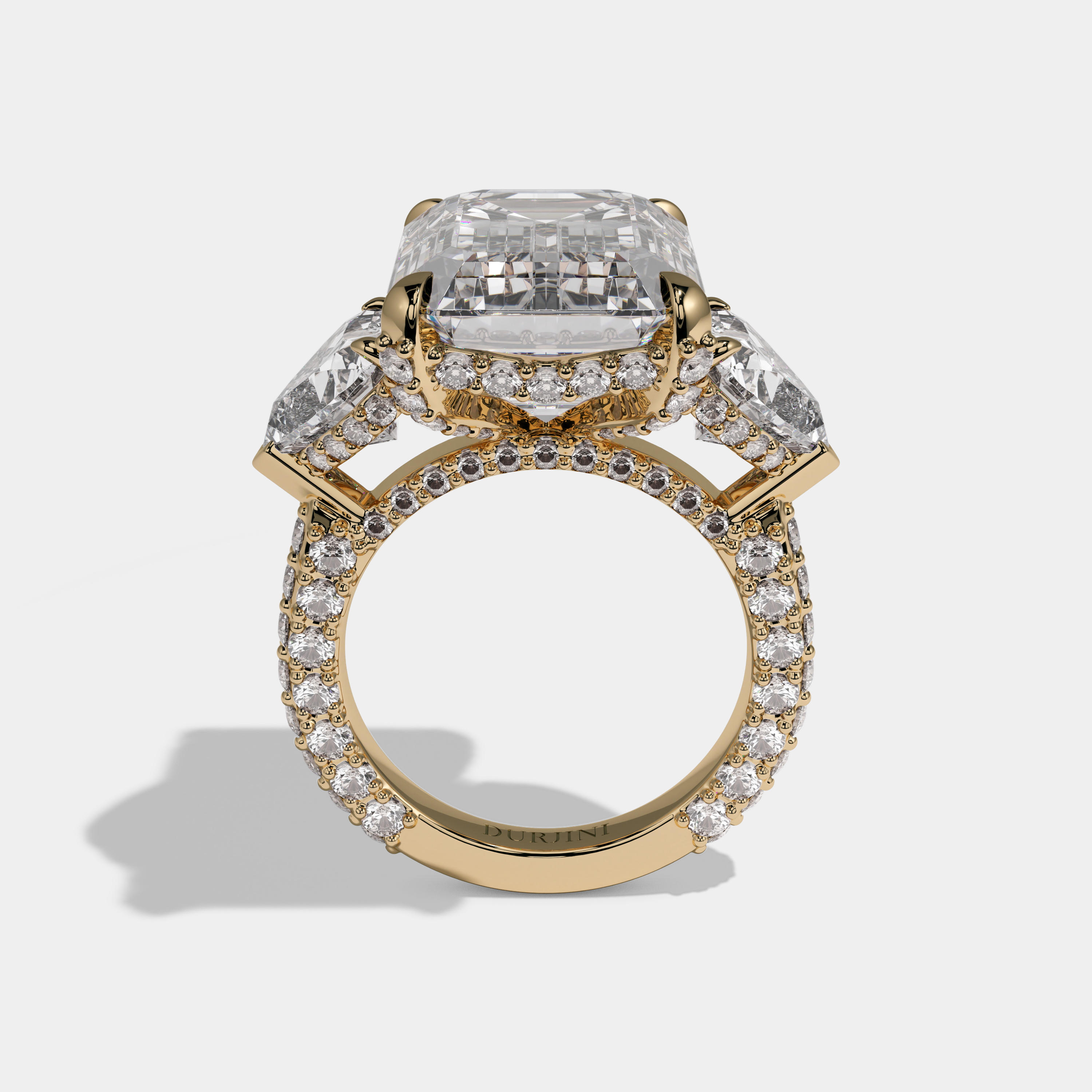 Matilda Emerald Cut Diamond Halo Engagement Ring With Twin Heart Sides 10ct 18K Yellow Gold