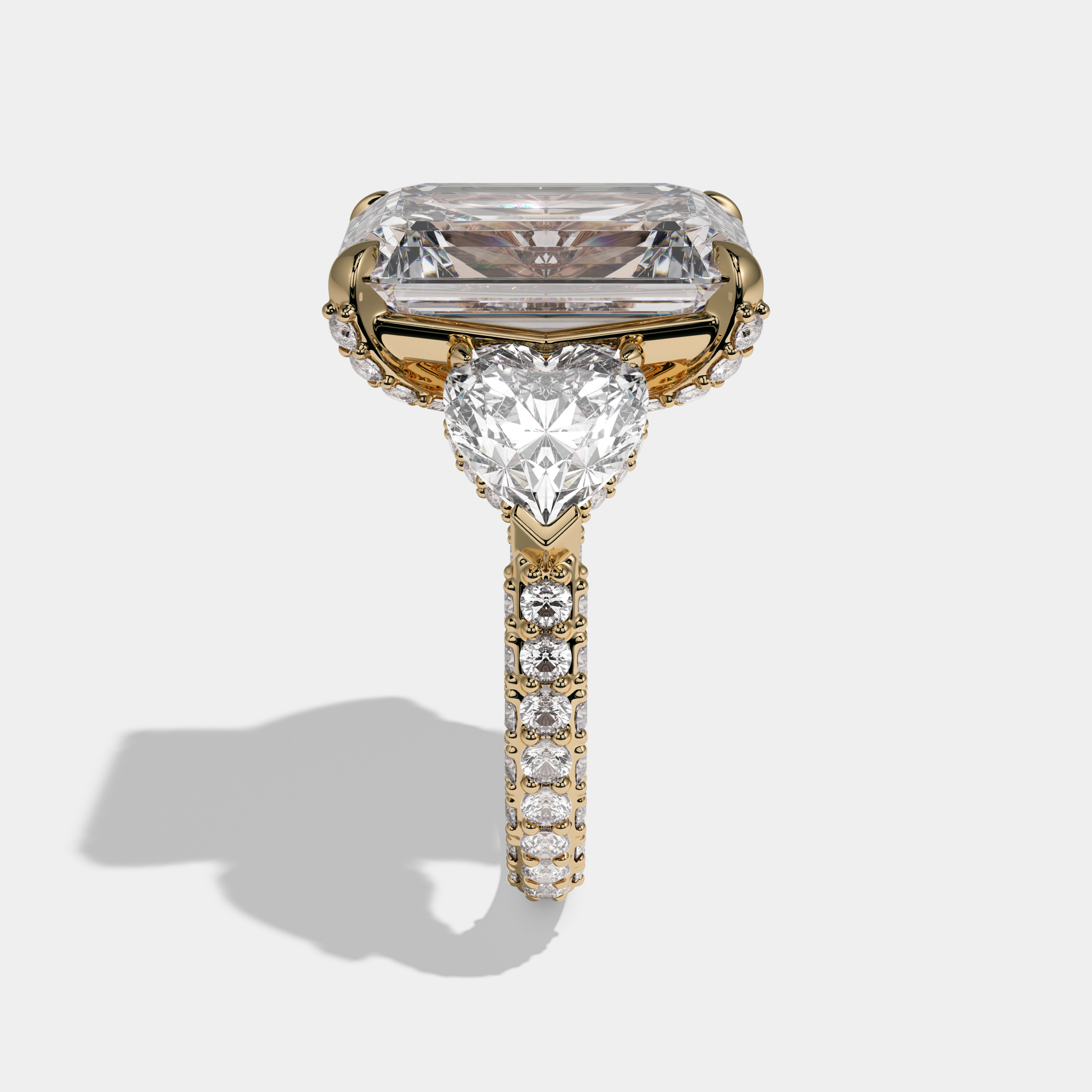 Matilda Emerald Cut Diamond Halo Engagement Ring With Twin Heart Sides 10ct 18K Yellow Gold