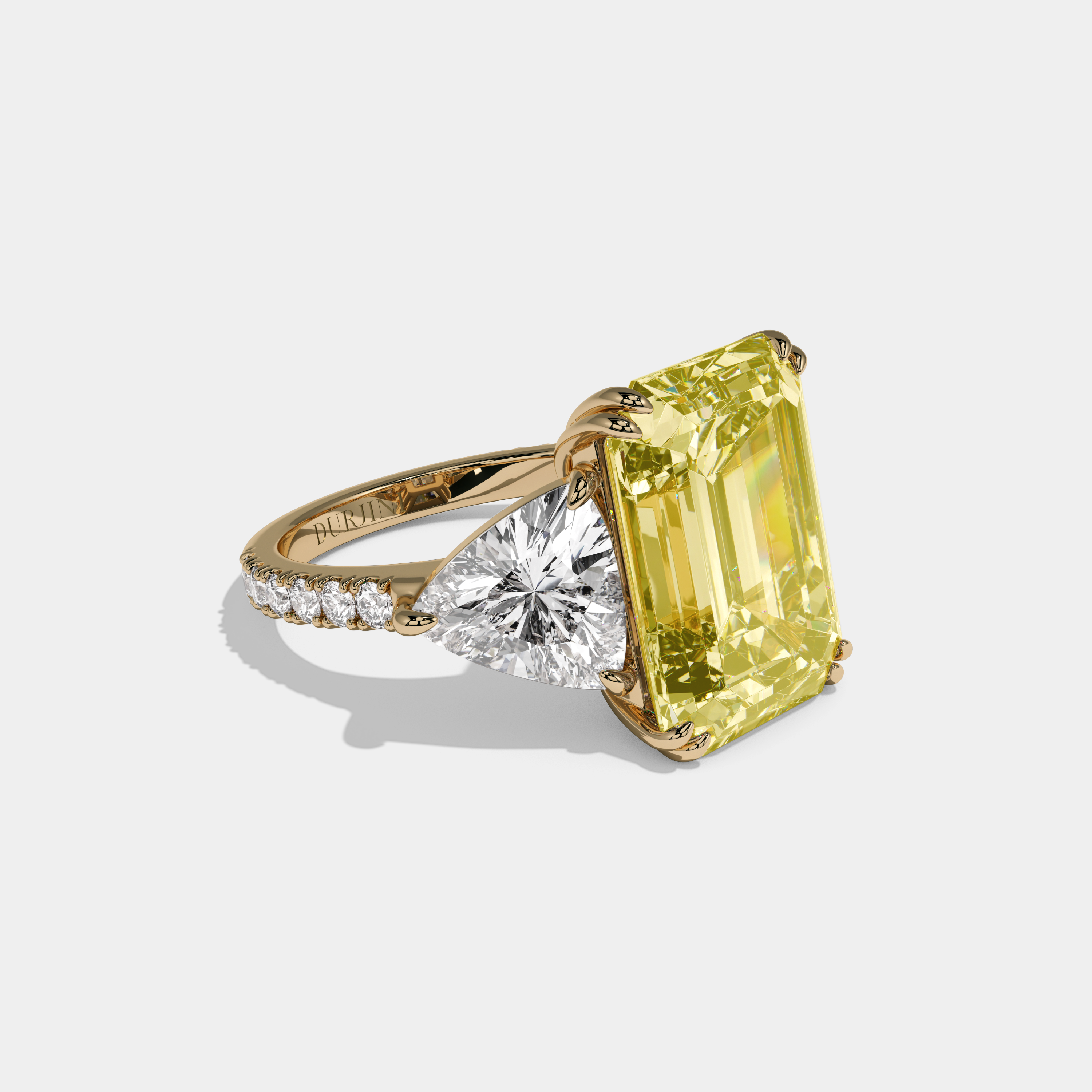 Elizabeth Fancy Yellow Emerald Cut Diamond Halo Engagement Ring With Twin Trillion Cut Sides 10ct 18K Yellow Gold