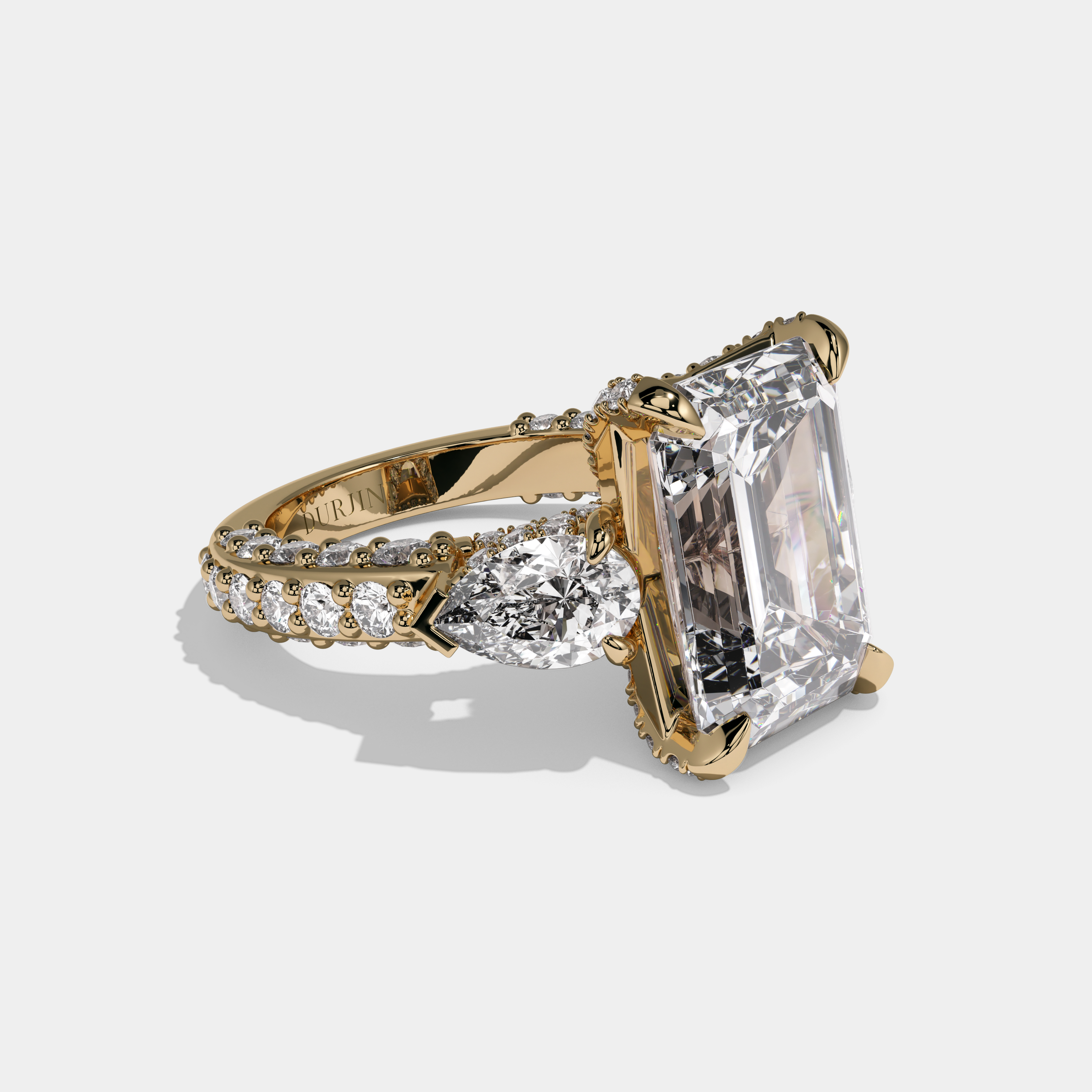 Arabella Emerald Cut Diamond Halo With Pear Cut Side Diamond Band Engagement Ring 10ct 18K Yellow Gold