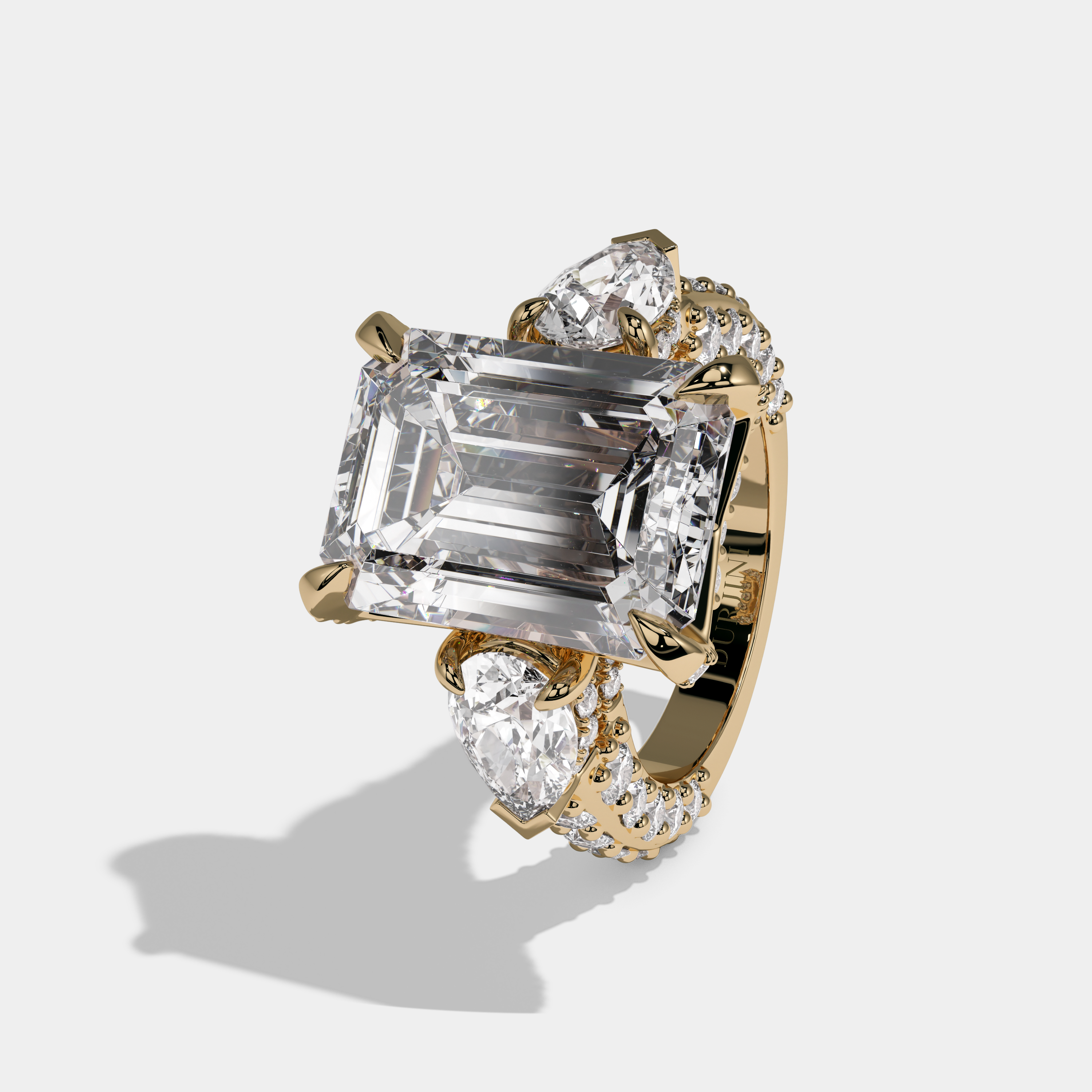 Arabella Emerald Cut Diamond Halo With Pear Cut Side Diamond Band Engagement Ring 10ct 18K Yellow Gold