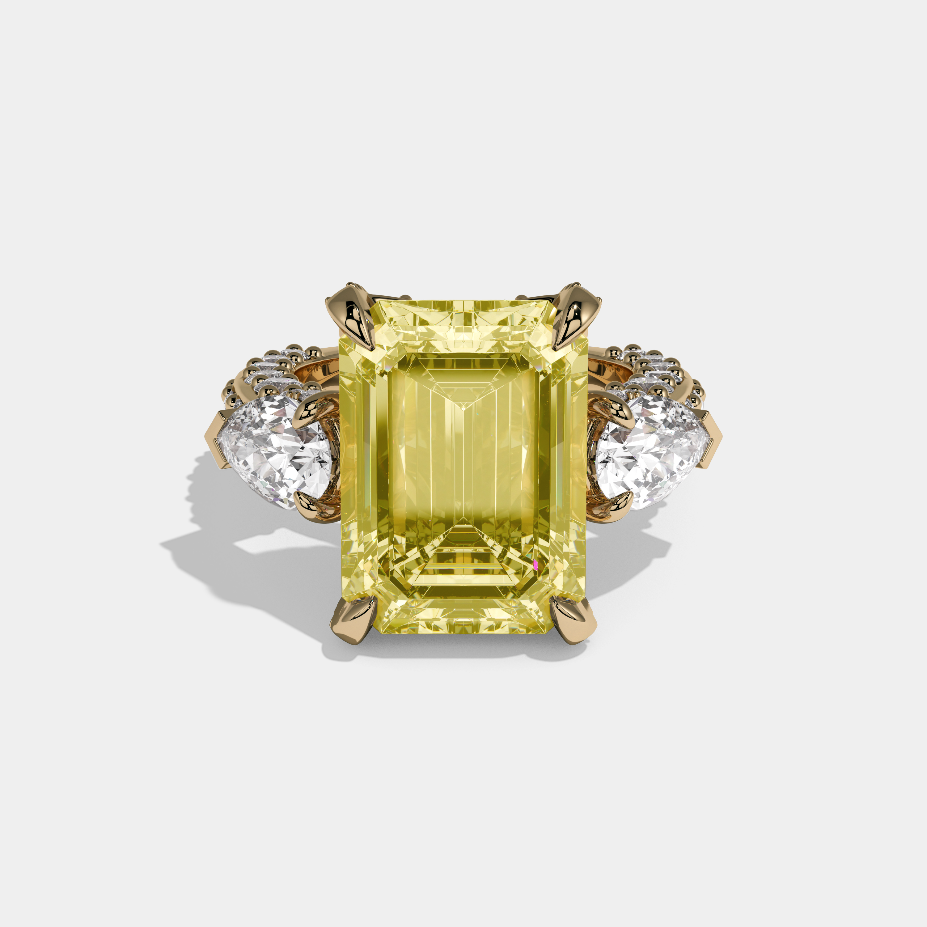 Charlotte Fancy Yellow Emerald Cut Diamond Halo With Pear Cut Side Diamond Band Engagement Ring 10ct 18k Yellow Gold