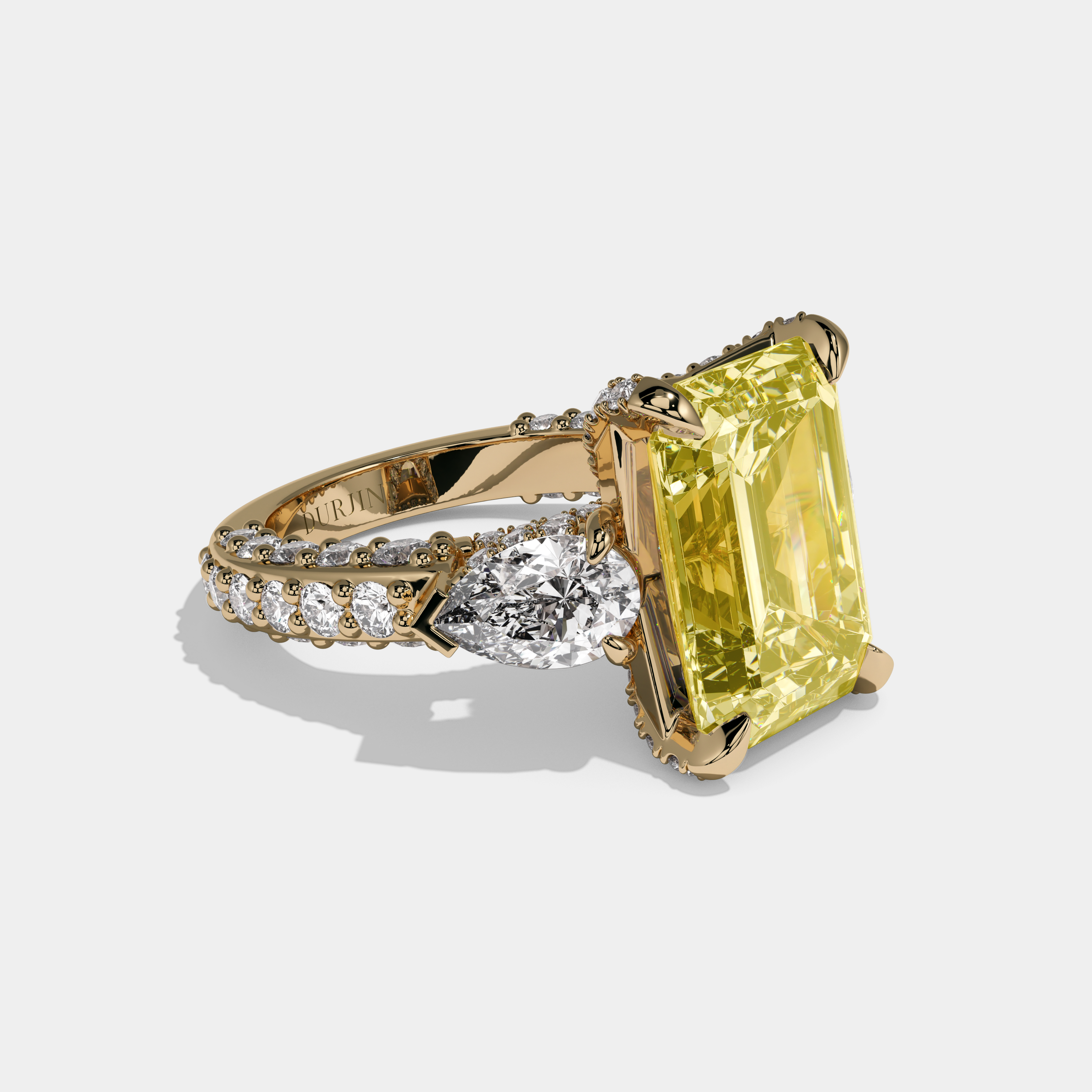 Charlotte Fancy Yellow Emerald Cut Diamond Halo With Pear Cut Side Diamond Band Engagement Ring 10ct 18k Yellow Gold
