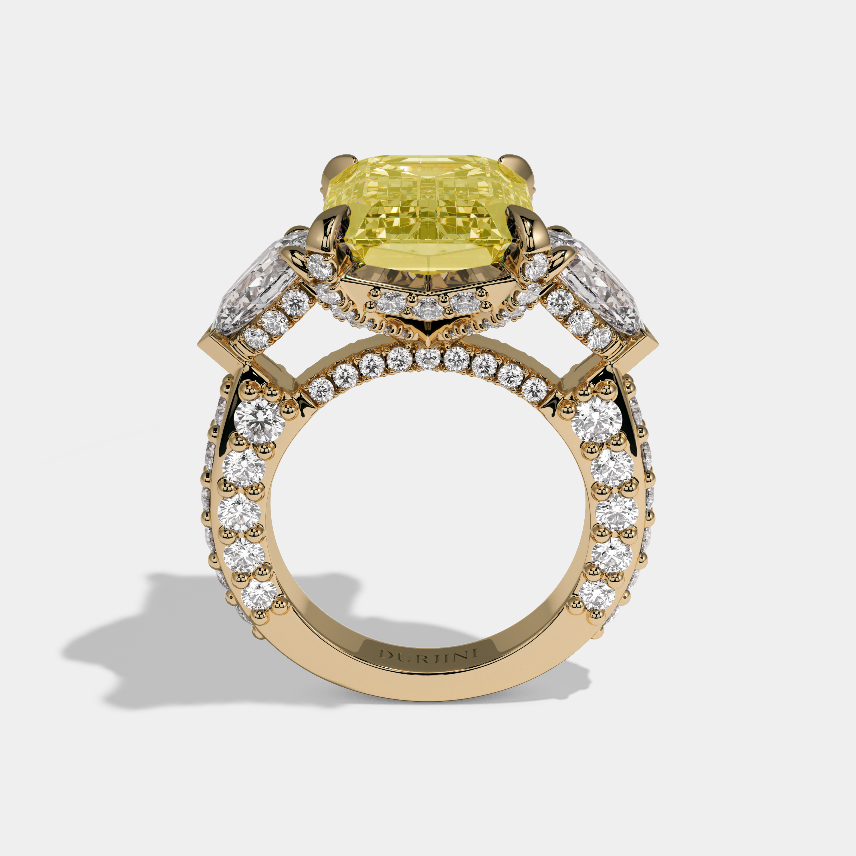 Charlotte Fancy Yellow Emerald Cut Diamond Halo With Pear Cut Side Diamond Band Engagement Ring 10ct 18k Yellow Gold