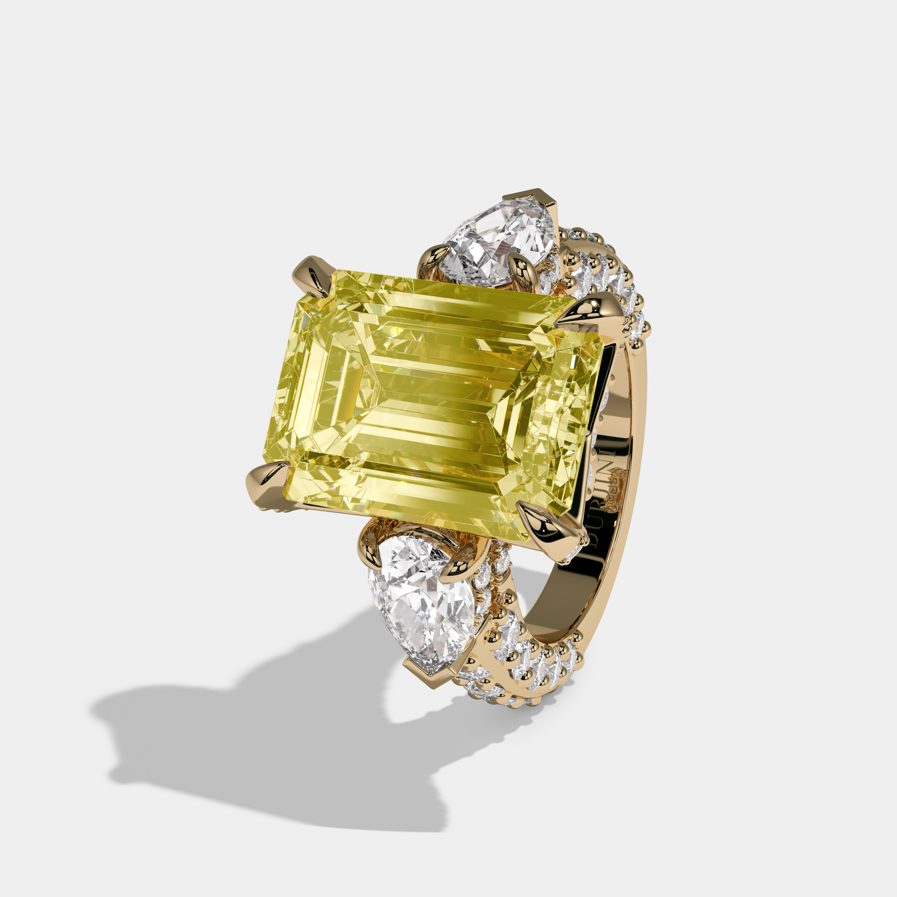 Charlotte Fancy Yellow Emerald Cut Diamond Halo With Pear Cut Side Diamond Band Engagement Ring 10ct 18k Yellow Gold