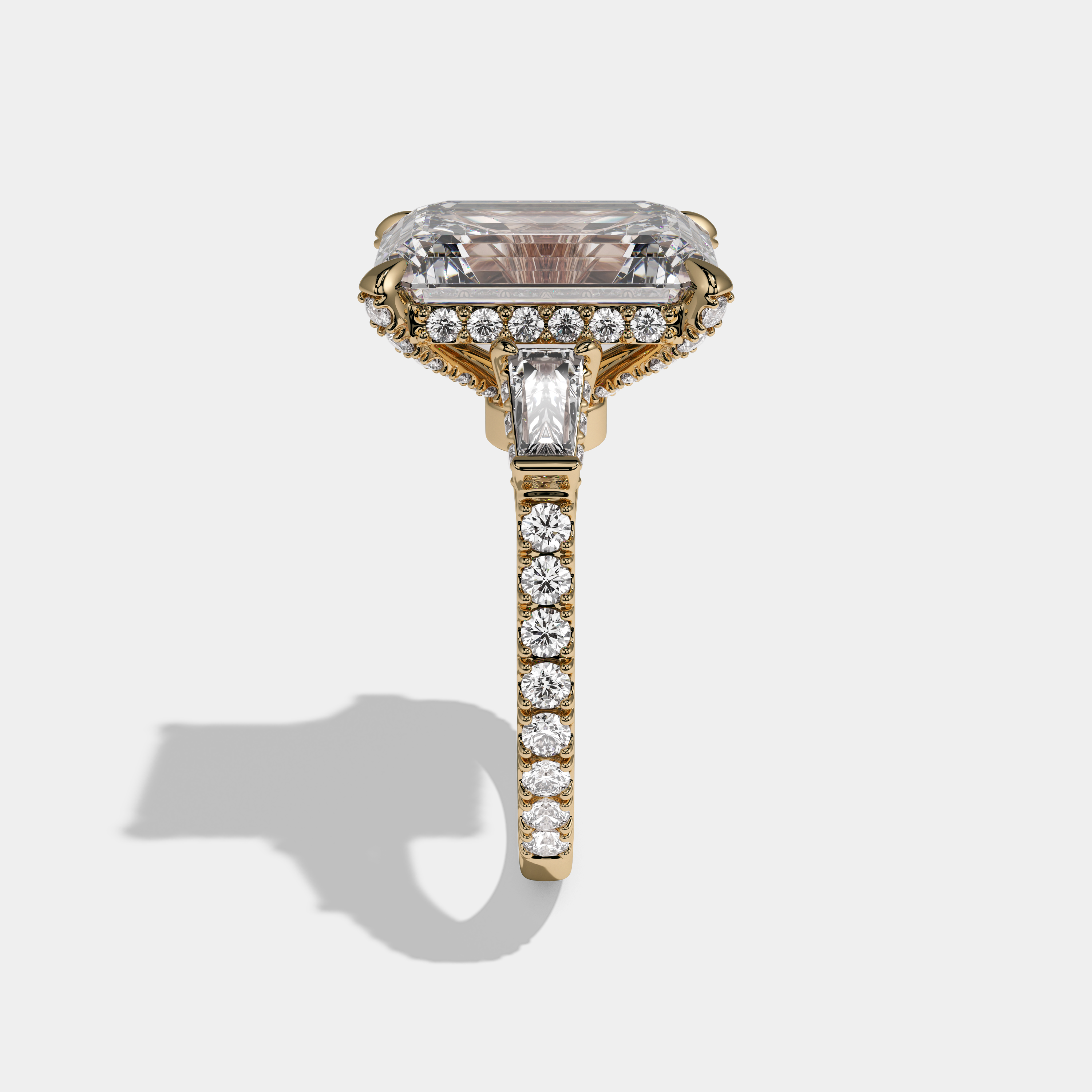 Henrietta Emerald Cut Diamond Halo Band With Twin Baguette Sides Engagement Ring 10ct 18K Yellow Gold