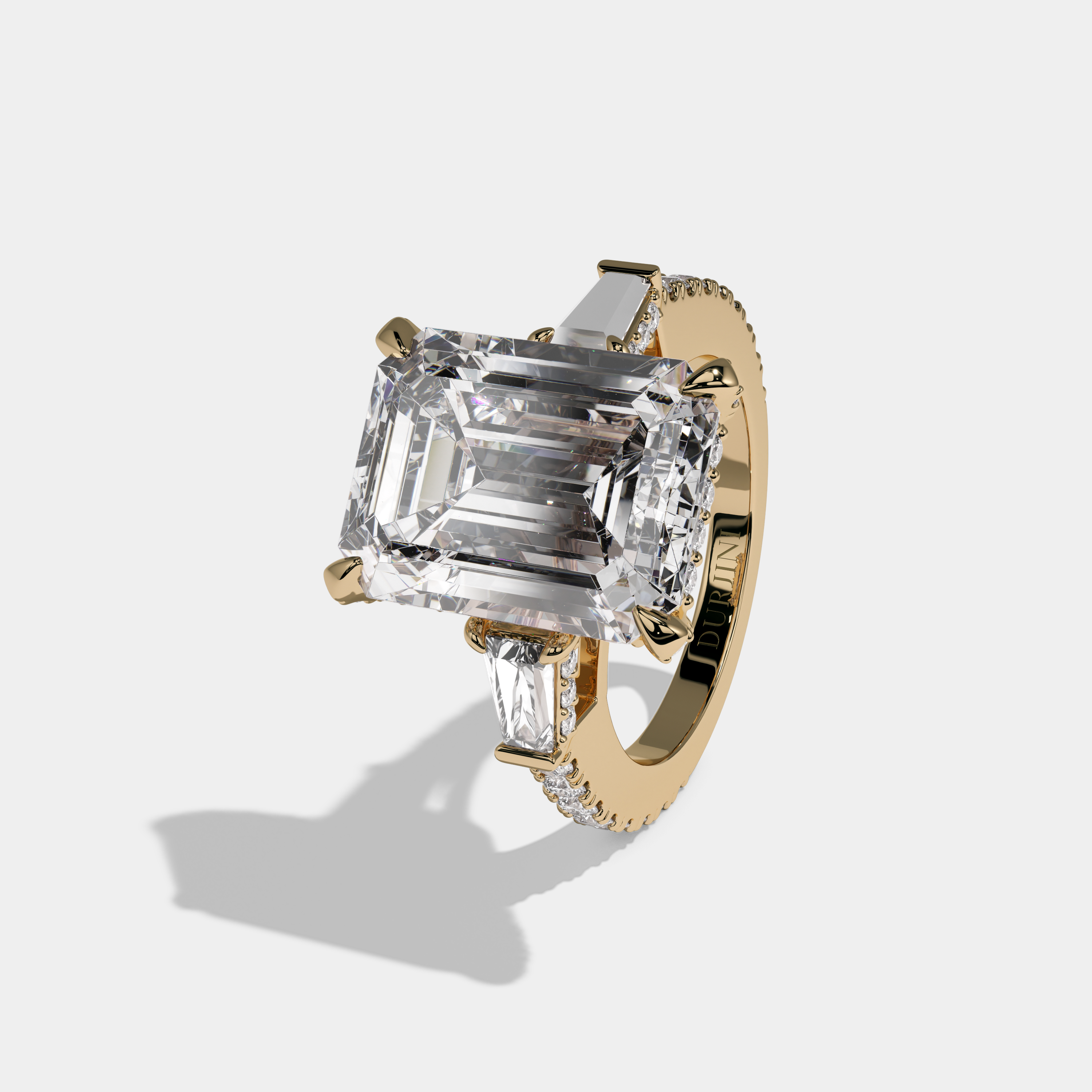 Henrietta Emerald Cut Diamond Halo Band With Twin Baguette Sides Engagement Ring 10ct 18K Yellow Gold