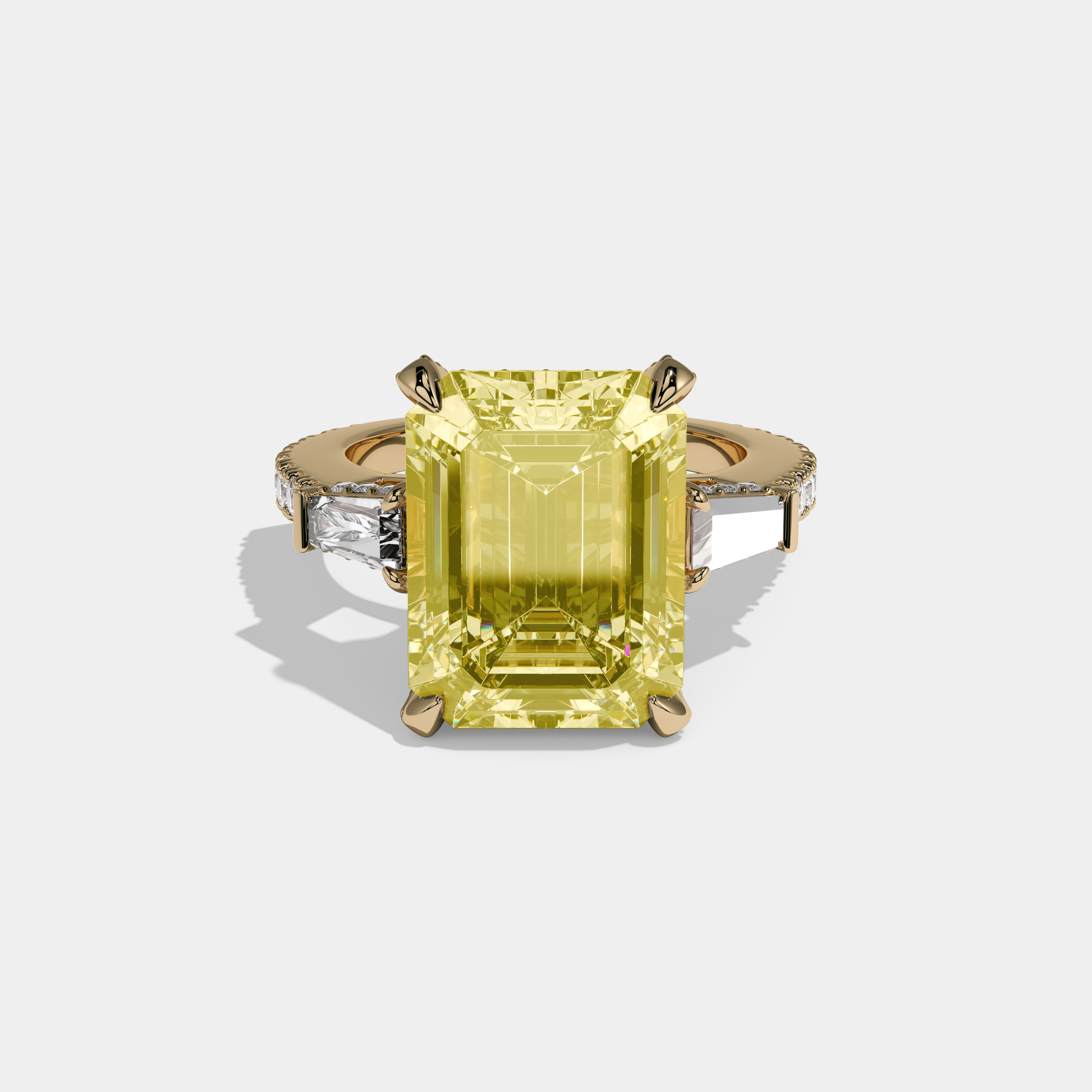 Charlotte Fancy Yellow Emerald Cut Diamond Halo Band With Twin Baguette Sides Engagement Ring 8ct 18k Yellow Gold