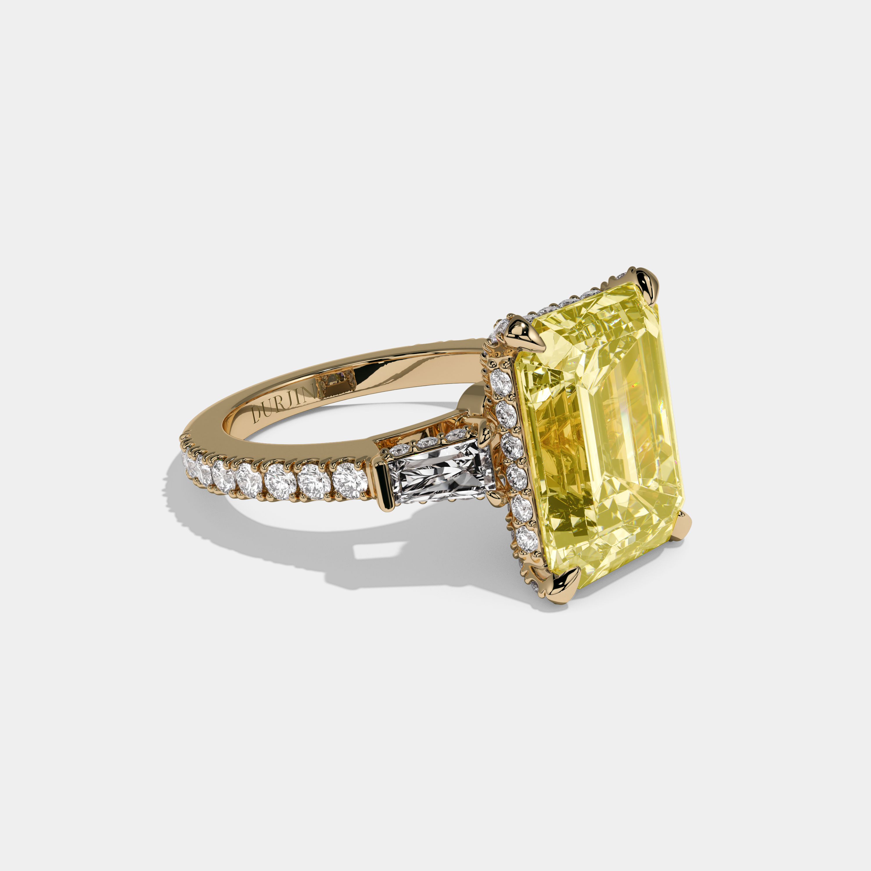Charlotte Fancy Yellow Emerald Cut Diamond Halo Band With Twin Baguette Sides Engagement Ring 8ct 18k Yellow Gold