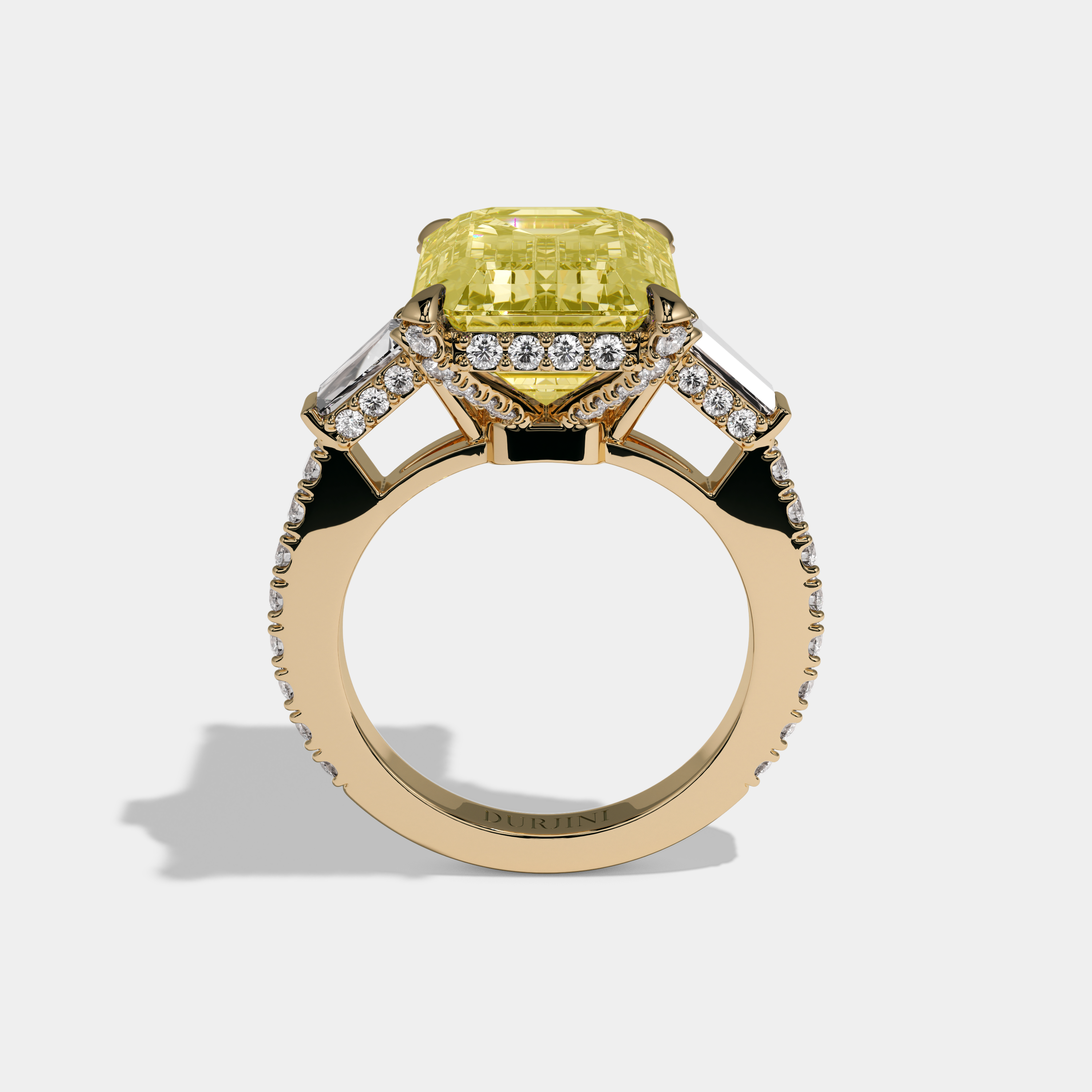 Charlotte Fancy Yellow Emerald Cut Diamond Halo Band With Twin Baguette Sides Engagement Ring 8ct 18k Yellow Gold