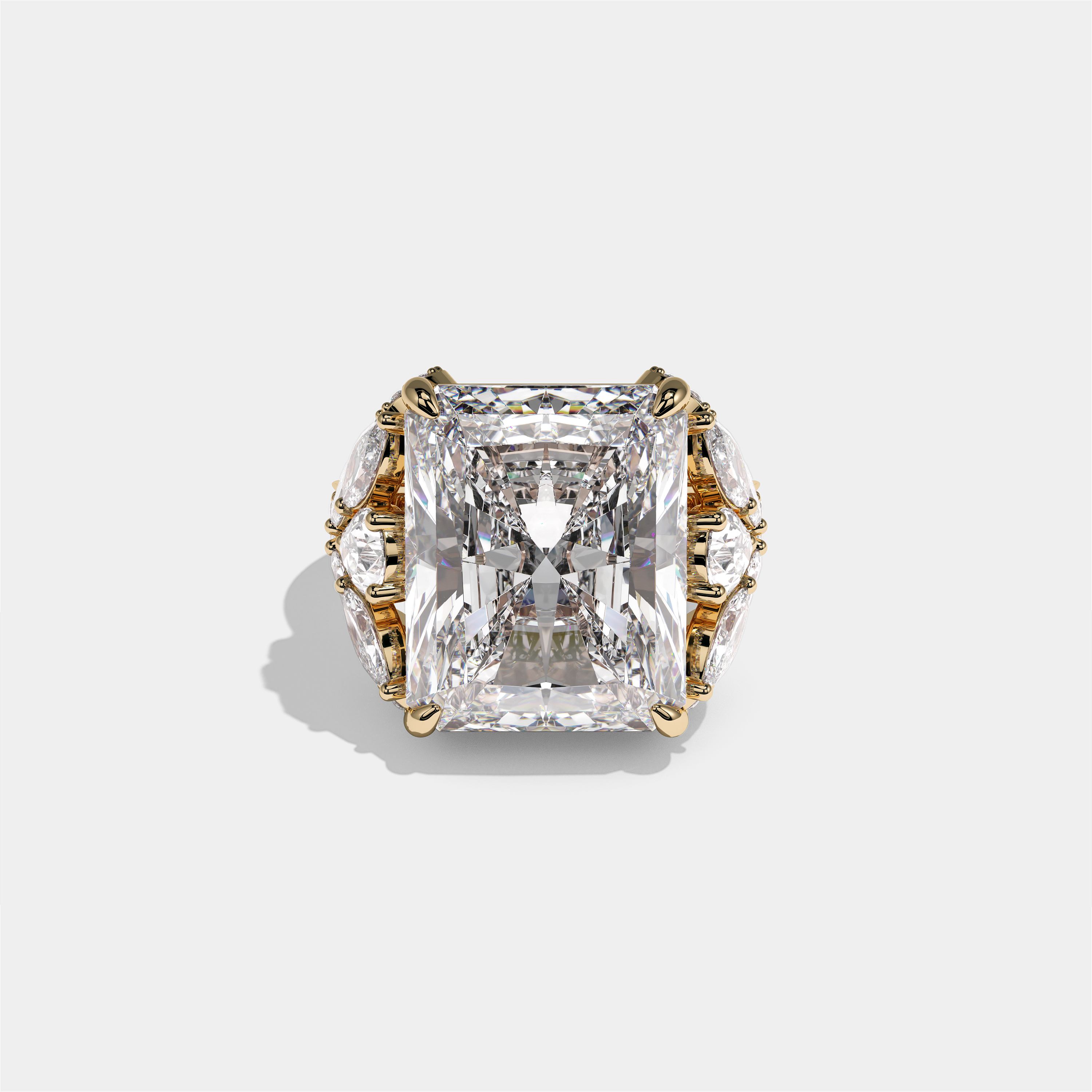 Keren Kingsleigh diamond radiant halo engagement ring in 18K yellow gold by Kurbãni Durjini, front view