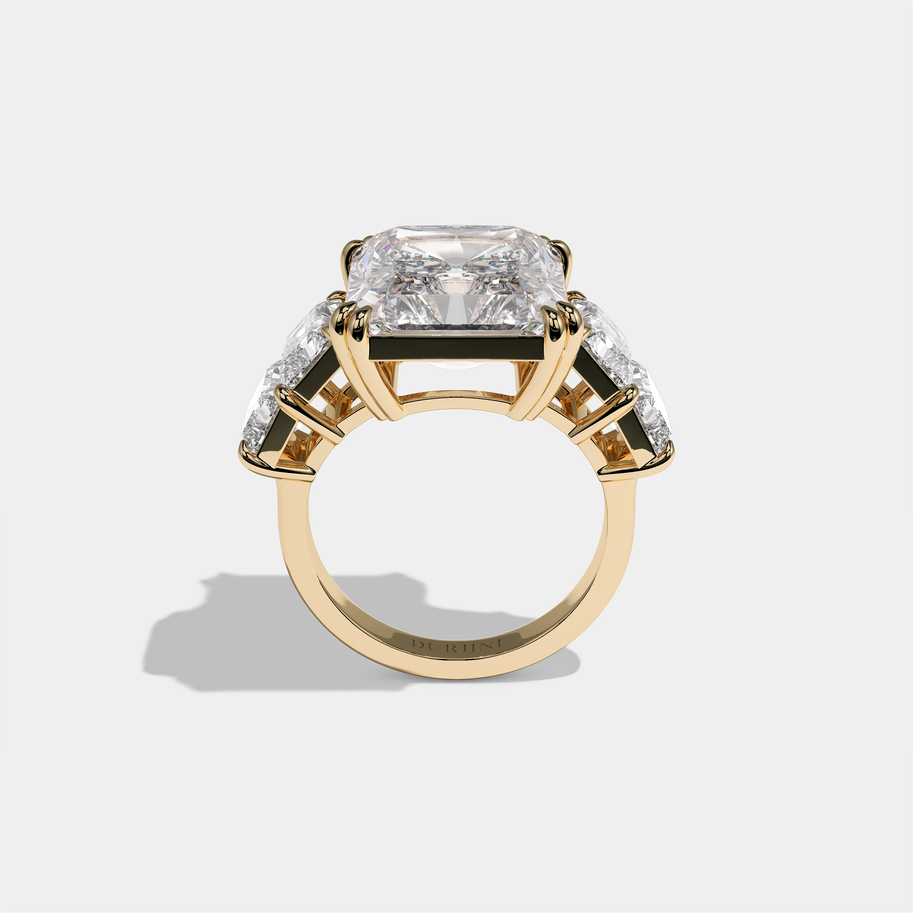 Hila Highgrove diamond radiant halo engagement ring in 18K yellow gold by Kurbãni Durjini, full view