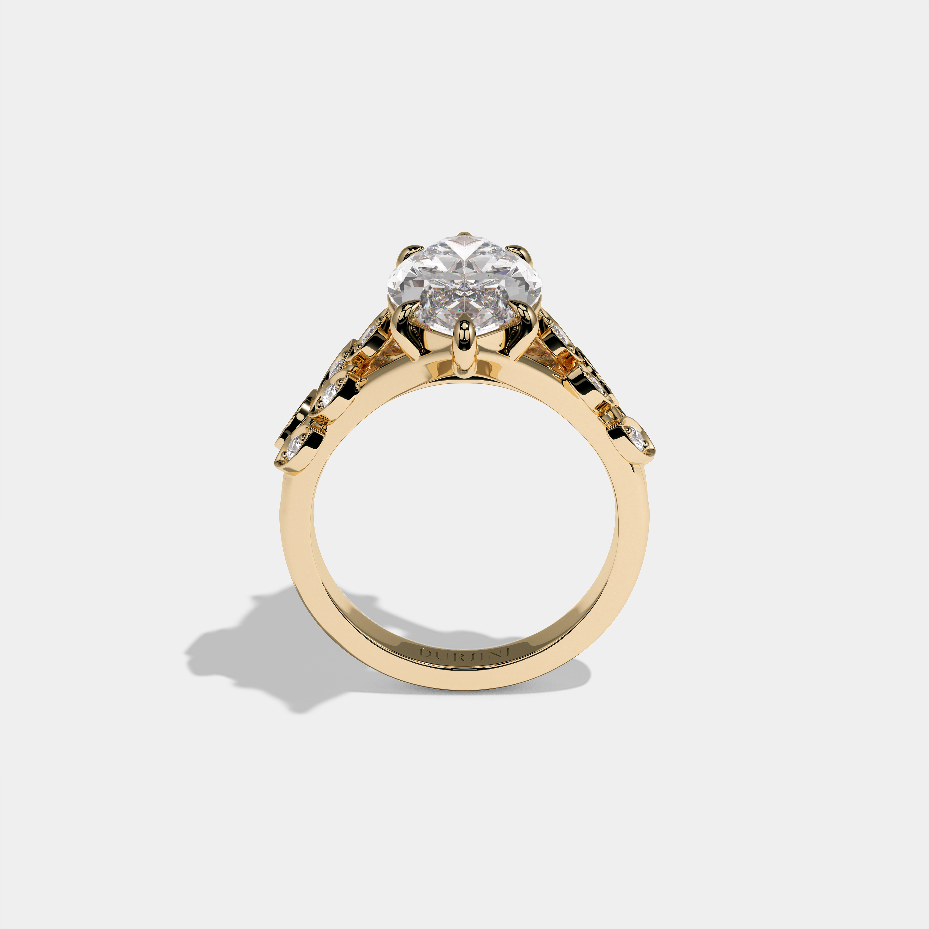Aurisse Eclat Rosemoor diamond marquise halo engagement ring in 18K yellow gold by Kurbãni Durjini, full view
