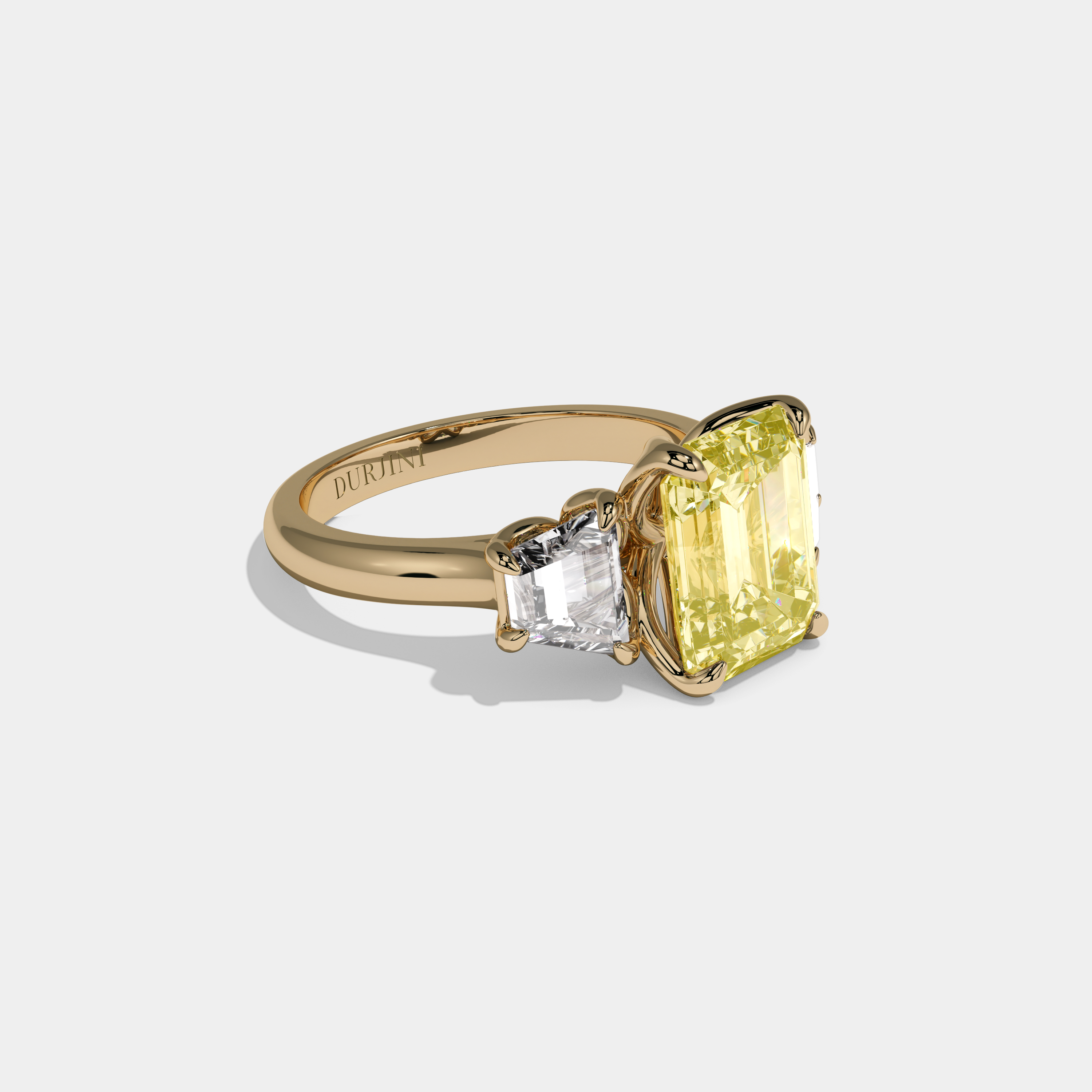 Alexandra Fancy Yellow Emerald Cut Diamond Halo Plain Band With Trapezoid Sides Engagement Ring 8ct 18K Yellow Gold