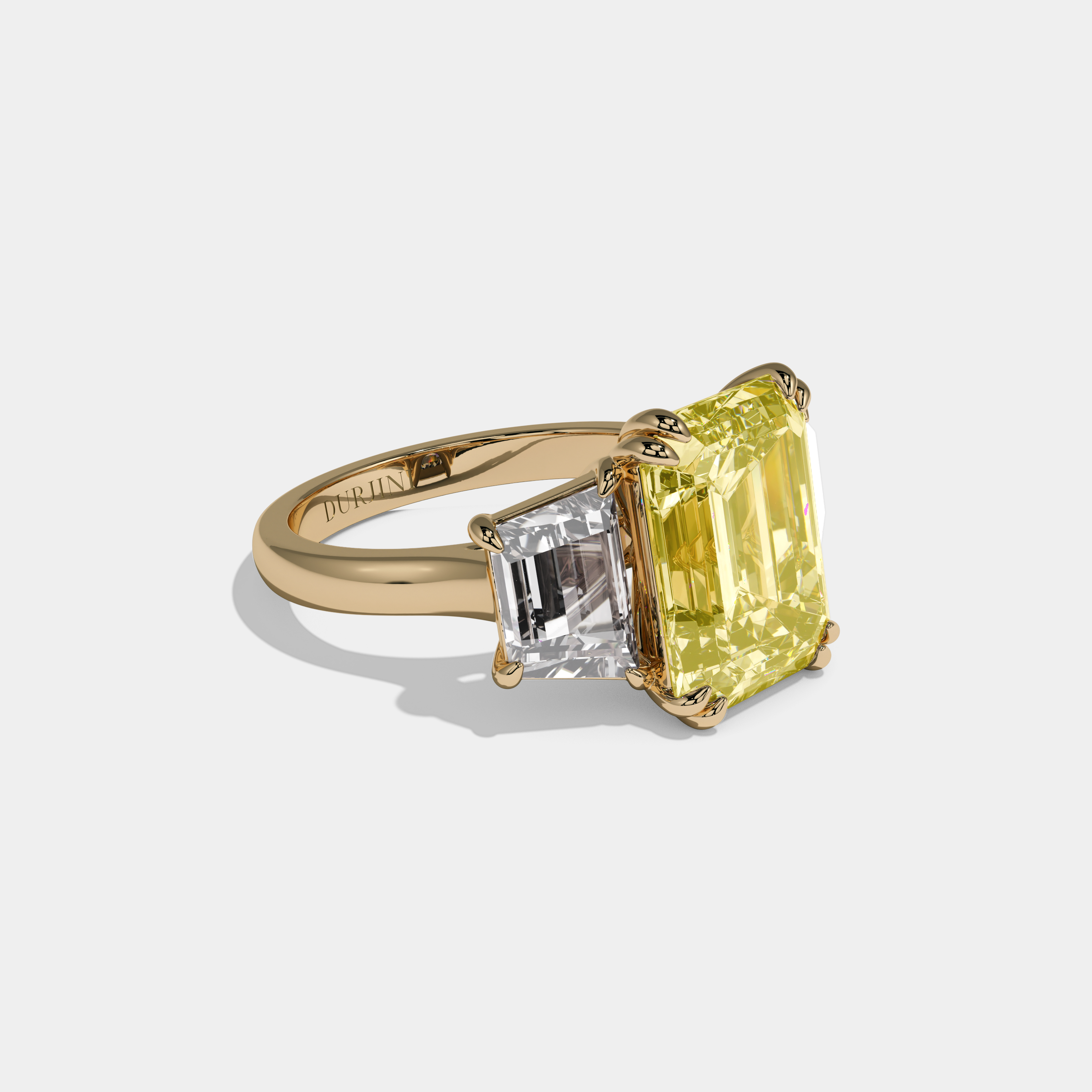 Victoria Fancy Yellow Emerald Cut Diamond Halo Plain Band With Twin Stepcut Sides Engagement Ring 8ct 18K Yellow Gold