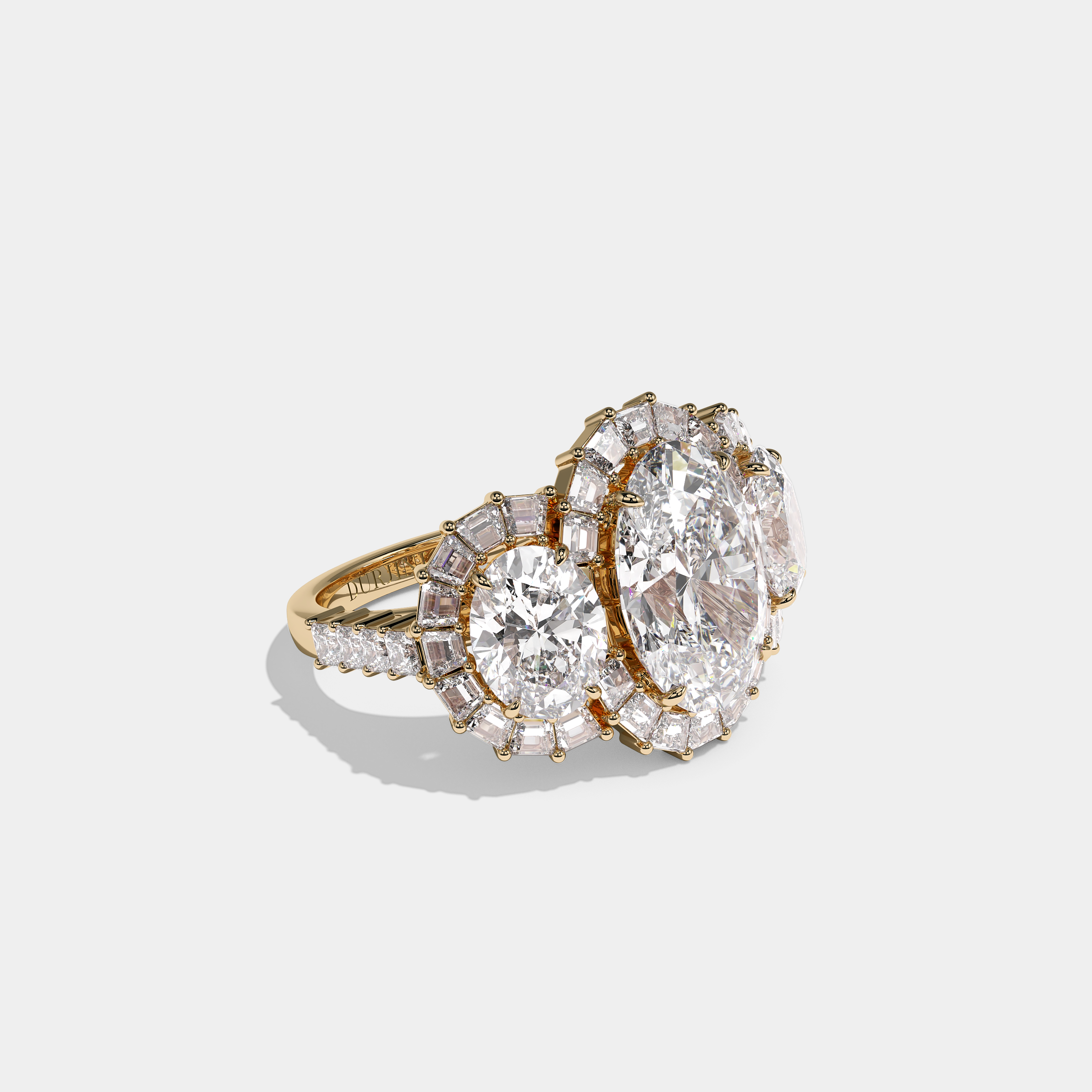 Shira Ravenscourt diamond oval halo engagement ring in 18K yellow gold by Kurbãni Durjini, right view