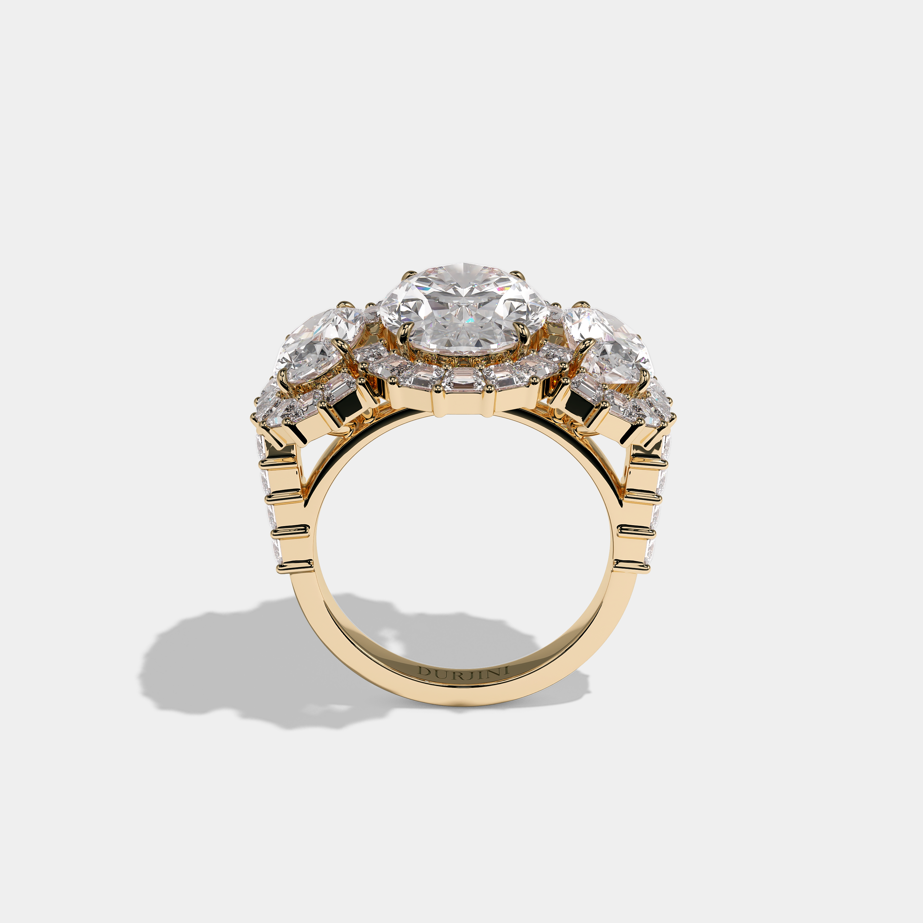 Shira Ravenscourt diamond oval halo engagement ring in 18K yellow gold by Kurbãni Durjini, full view