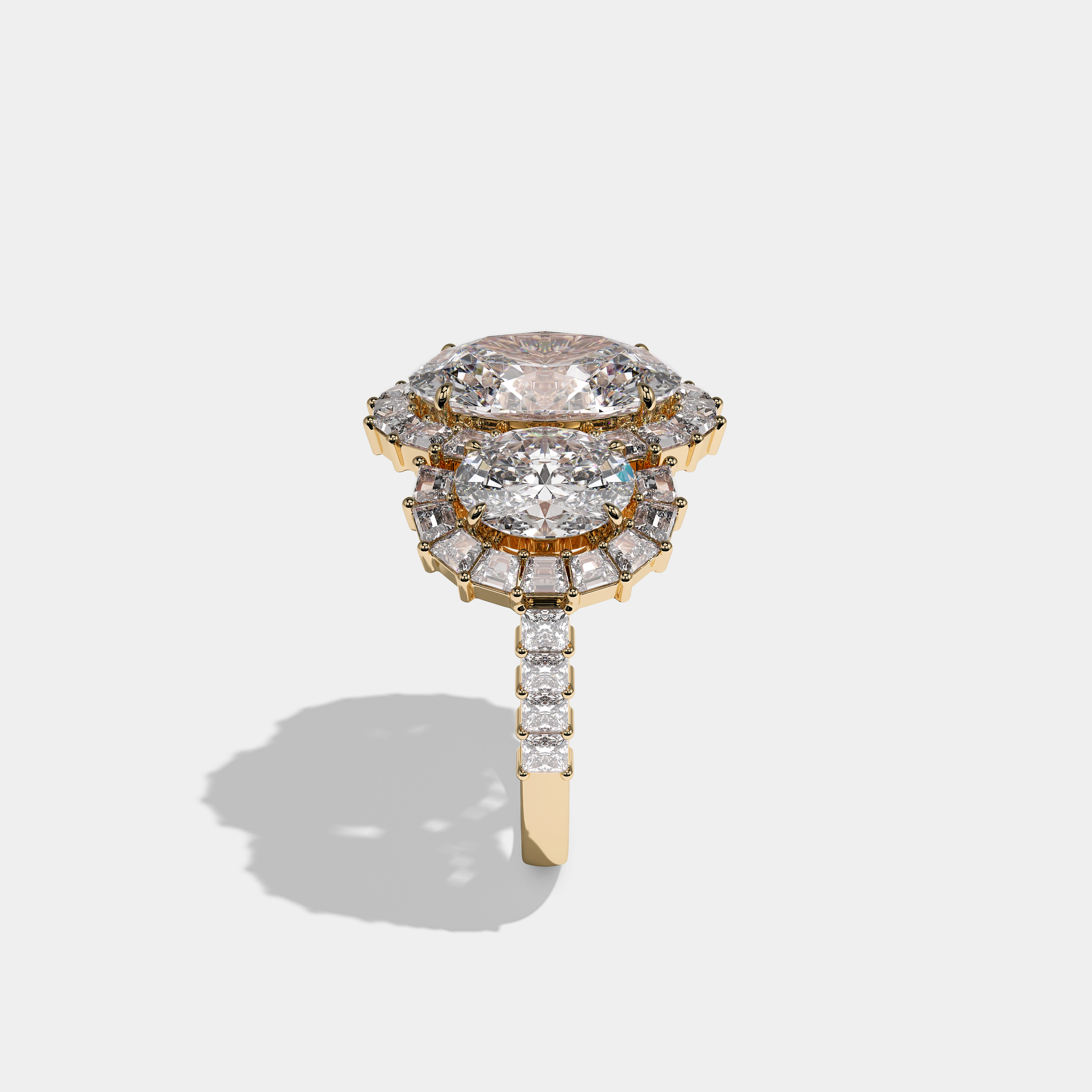 Shira Ravenscourt diamond oval halo engagement ring in 18K yellow gold by Kurbãni Durjini, side view