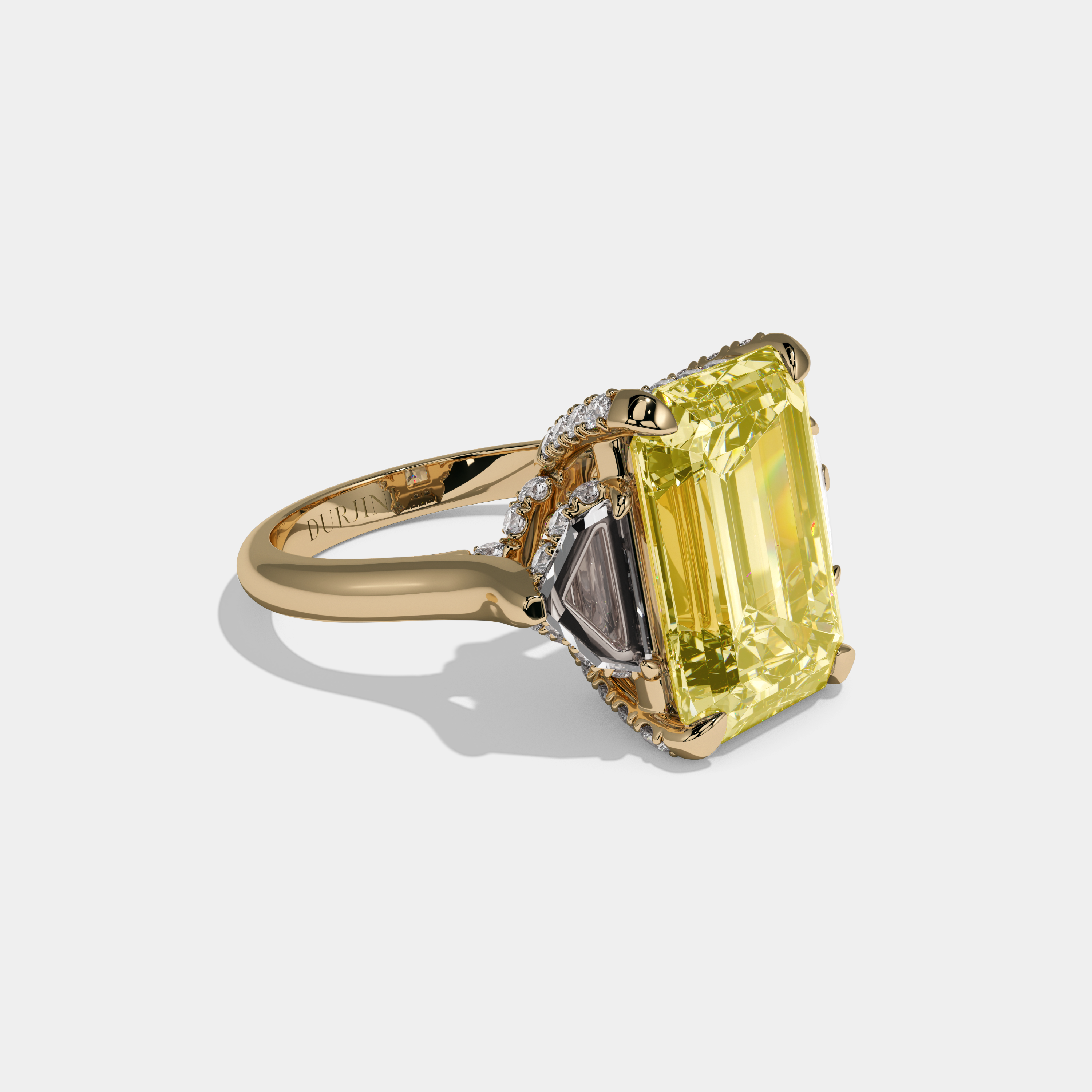 Camilla Fancy Yellow Emerald Cut Diamond Band With Twin Pentagonal Cut Sides Engagement Ring 10ct 18K Yellow Gold