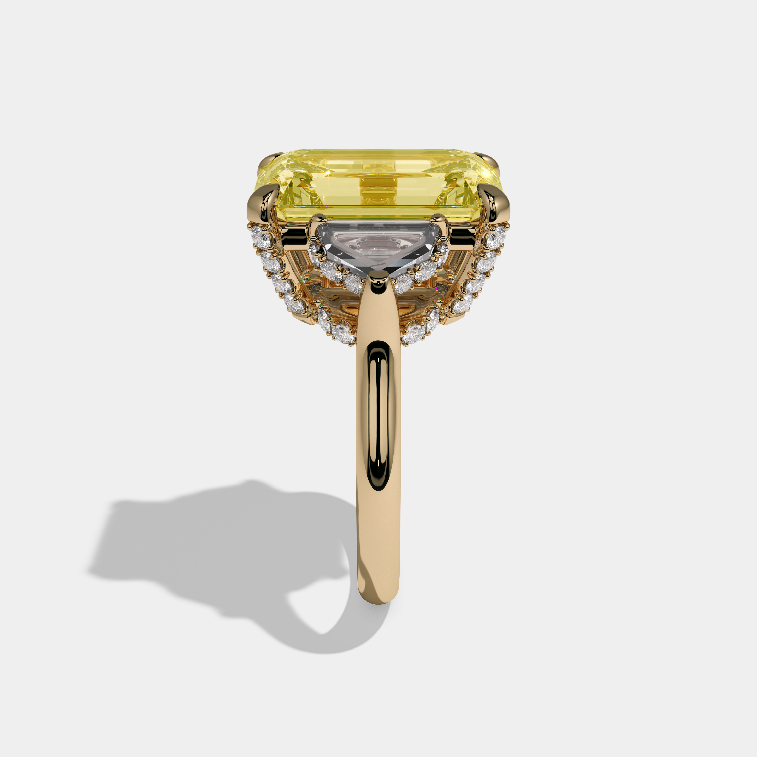 Camilla Fancy Yellow Emerald Cut Diamond Band With Twin Pentagonal Cut Sides Engagement Ring 10ct 18K Yellow Gold