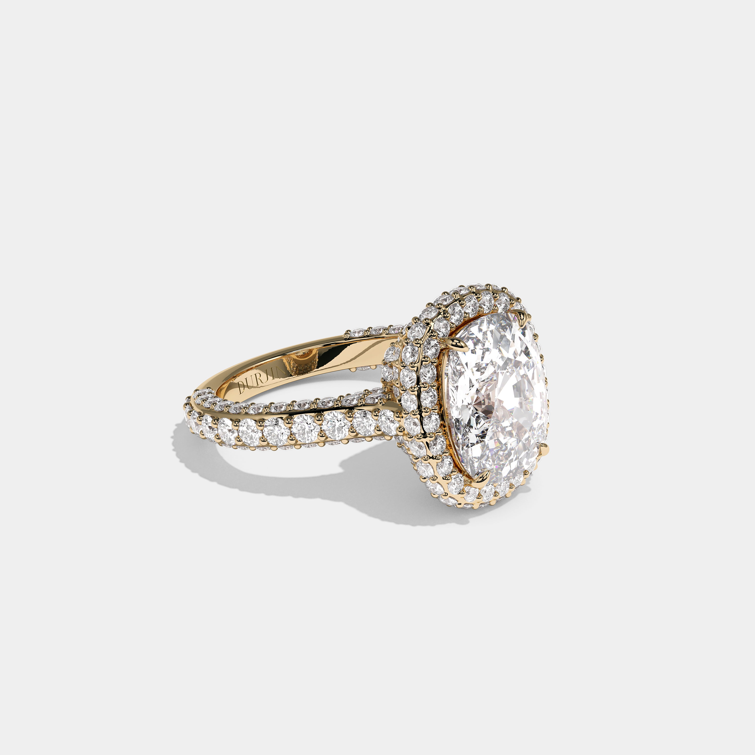 Shira Ravenscourt diamond cushion halo engagement ring in 18K yellow gold by Kurbãni Durjini, right view