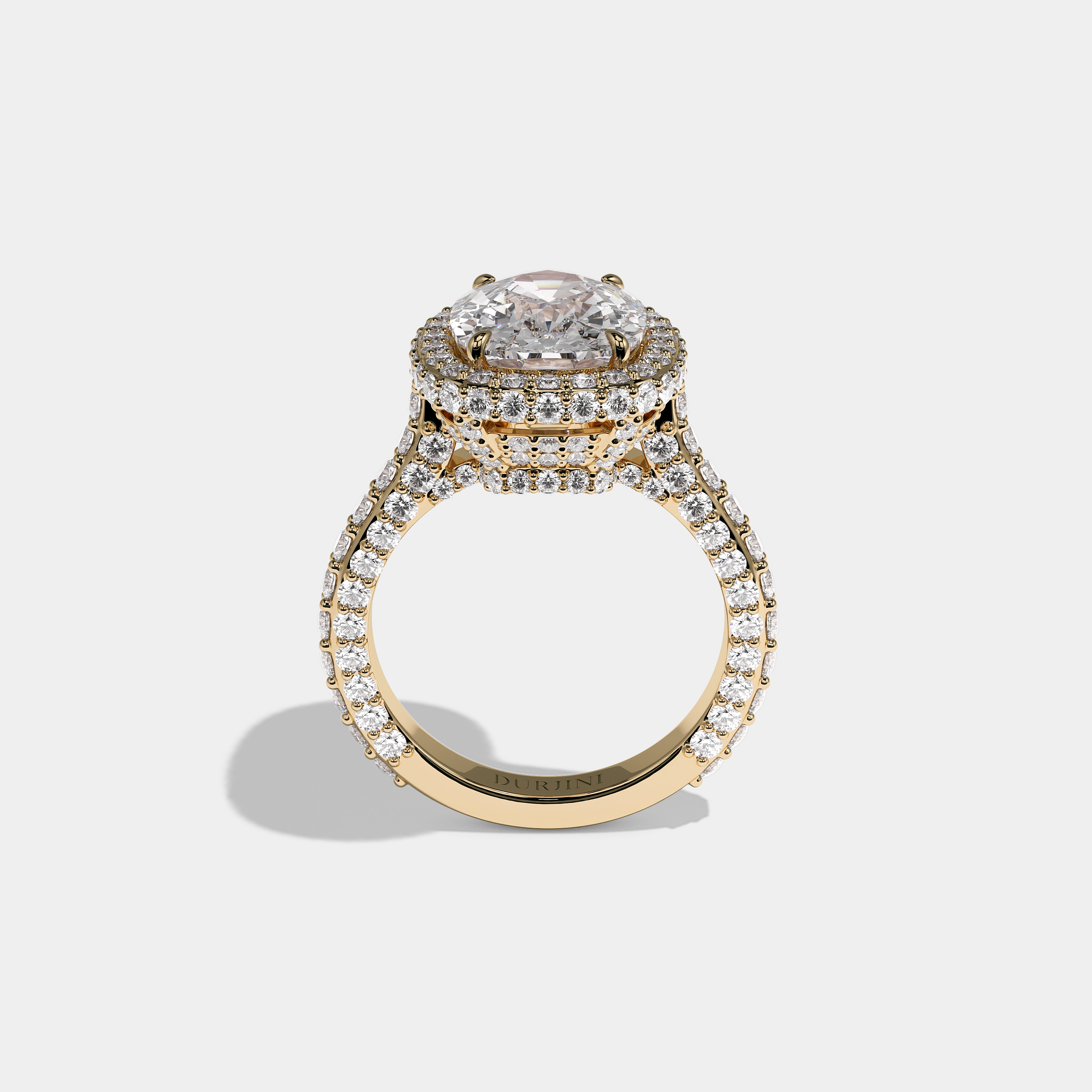 Shira Ravenscourt diamond cushion halo engagement ring in 18K yellow gold by Kurbãni Durjini, full view