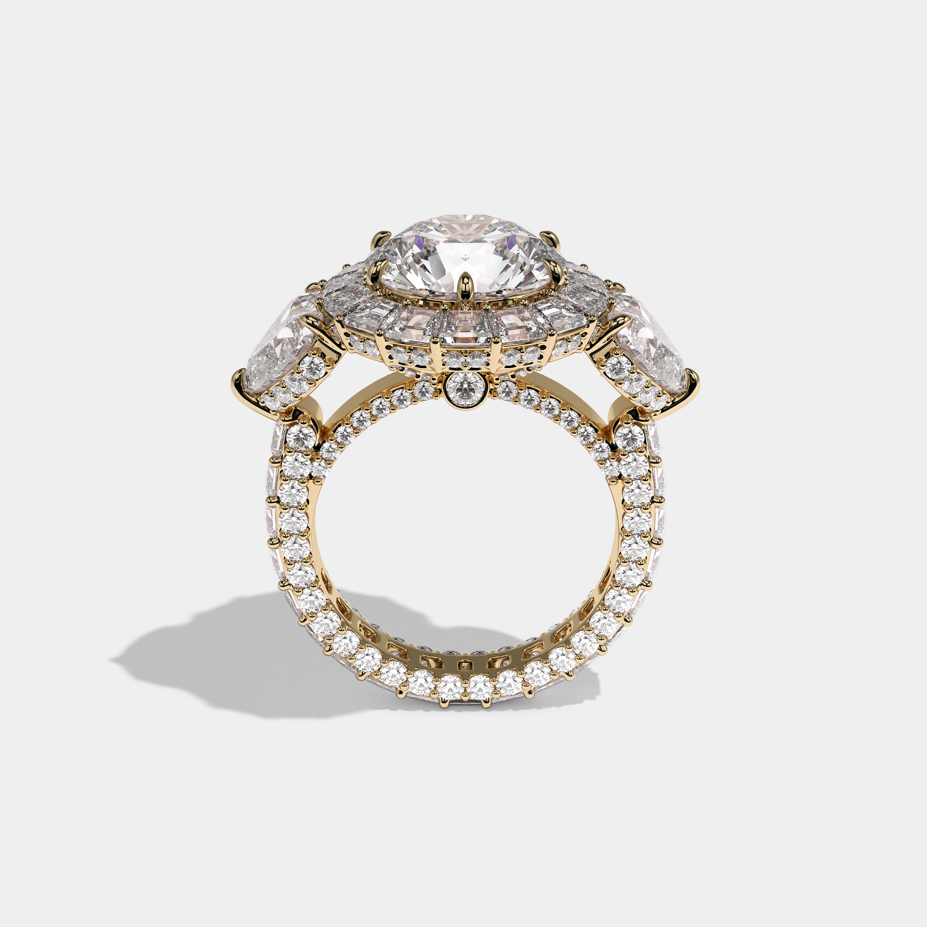 Shira Ravenscourt 15.00ct diamond round brilliant halo engagement ring in 18K yellow gold by Kurbãni Durjini, full view