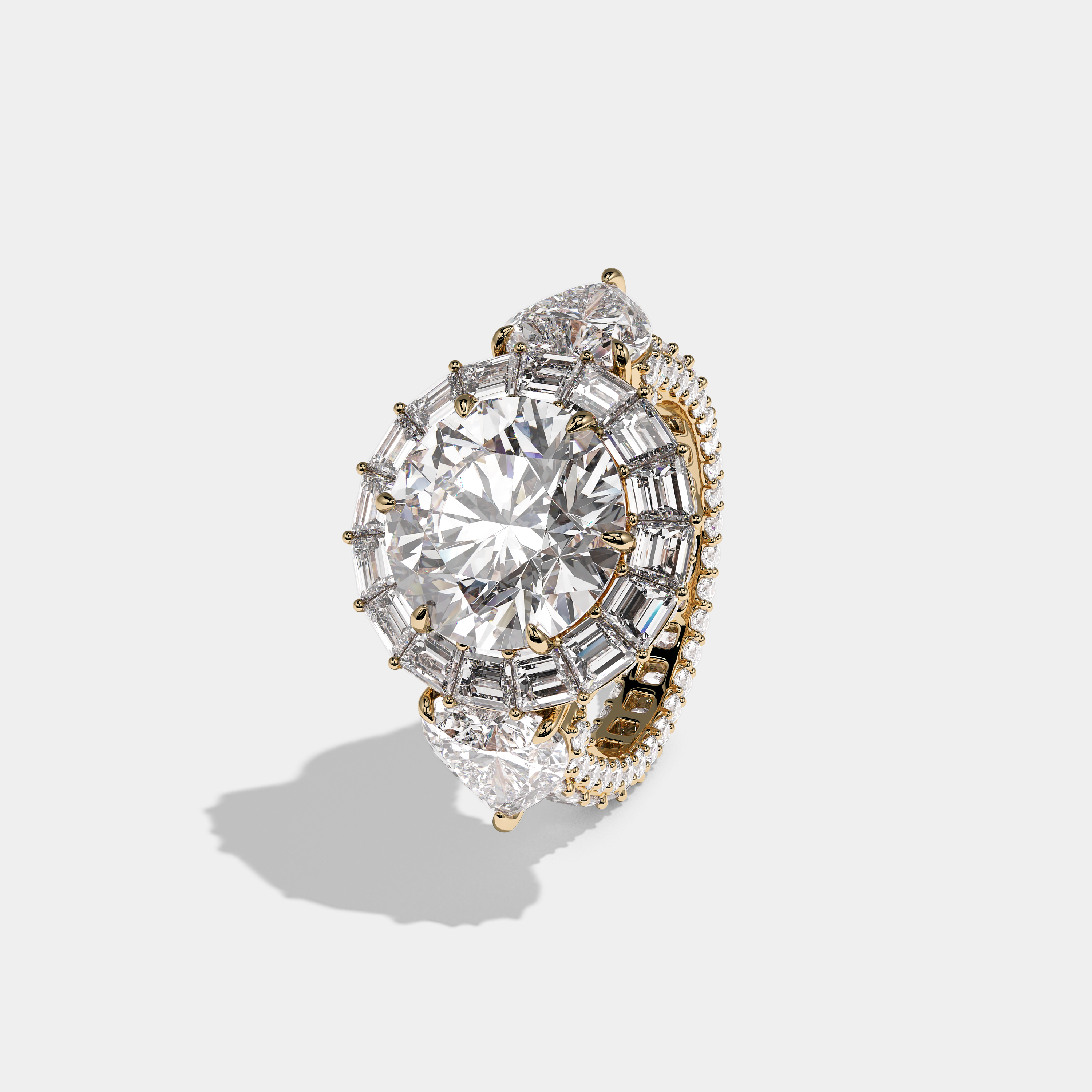 Shira Ravenscourt 15.00ct diamond round brilliant halo engagement ring in 18K yellow gold by Kurbãni Durjini, left view