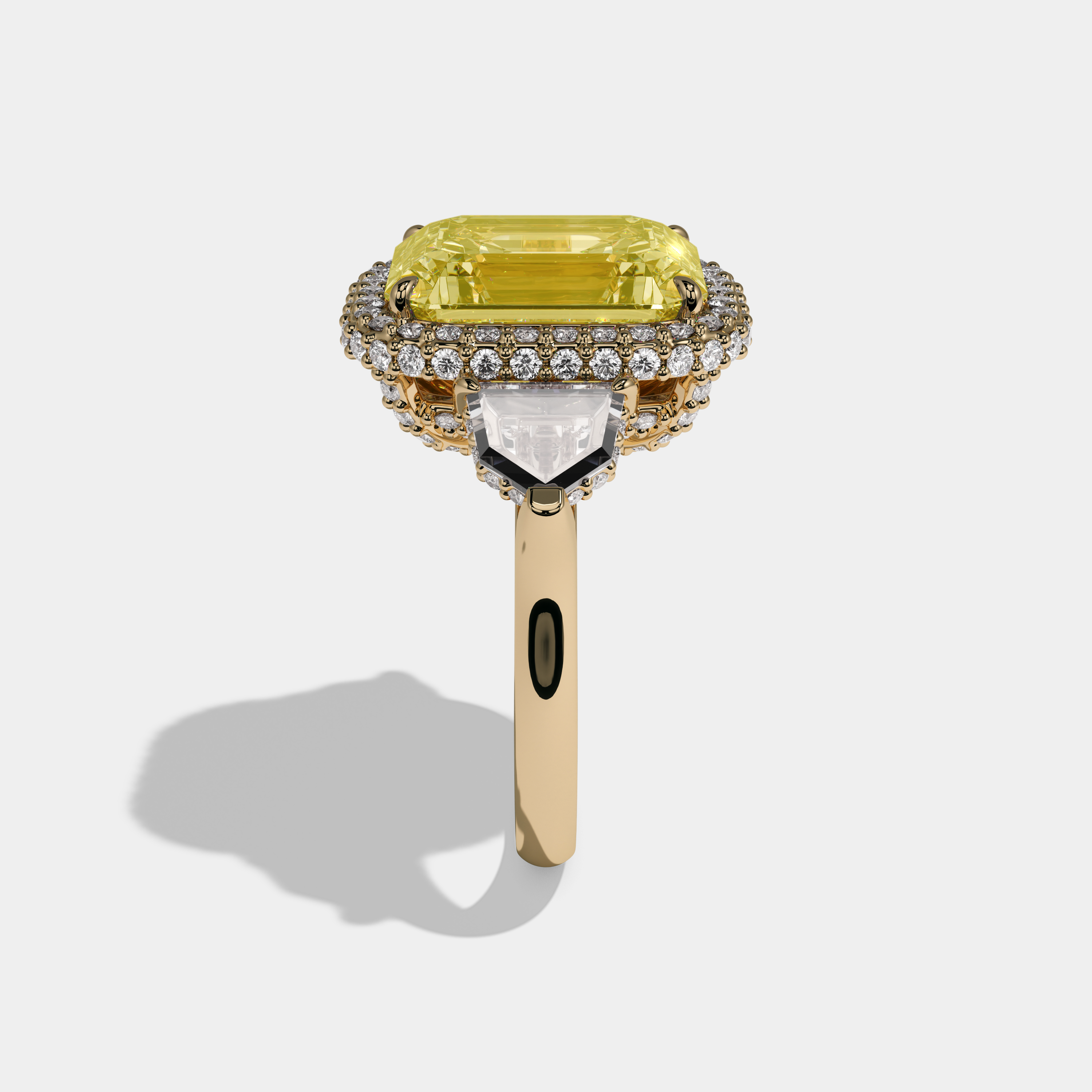 Arabella Fancy Yellow Emerald Cut Diamond Twin Halo With Pentagonal Side Diamond Band Engagement Ring 10ct 18K Yellow Gold